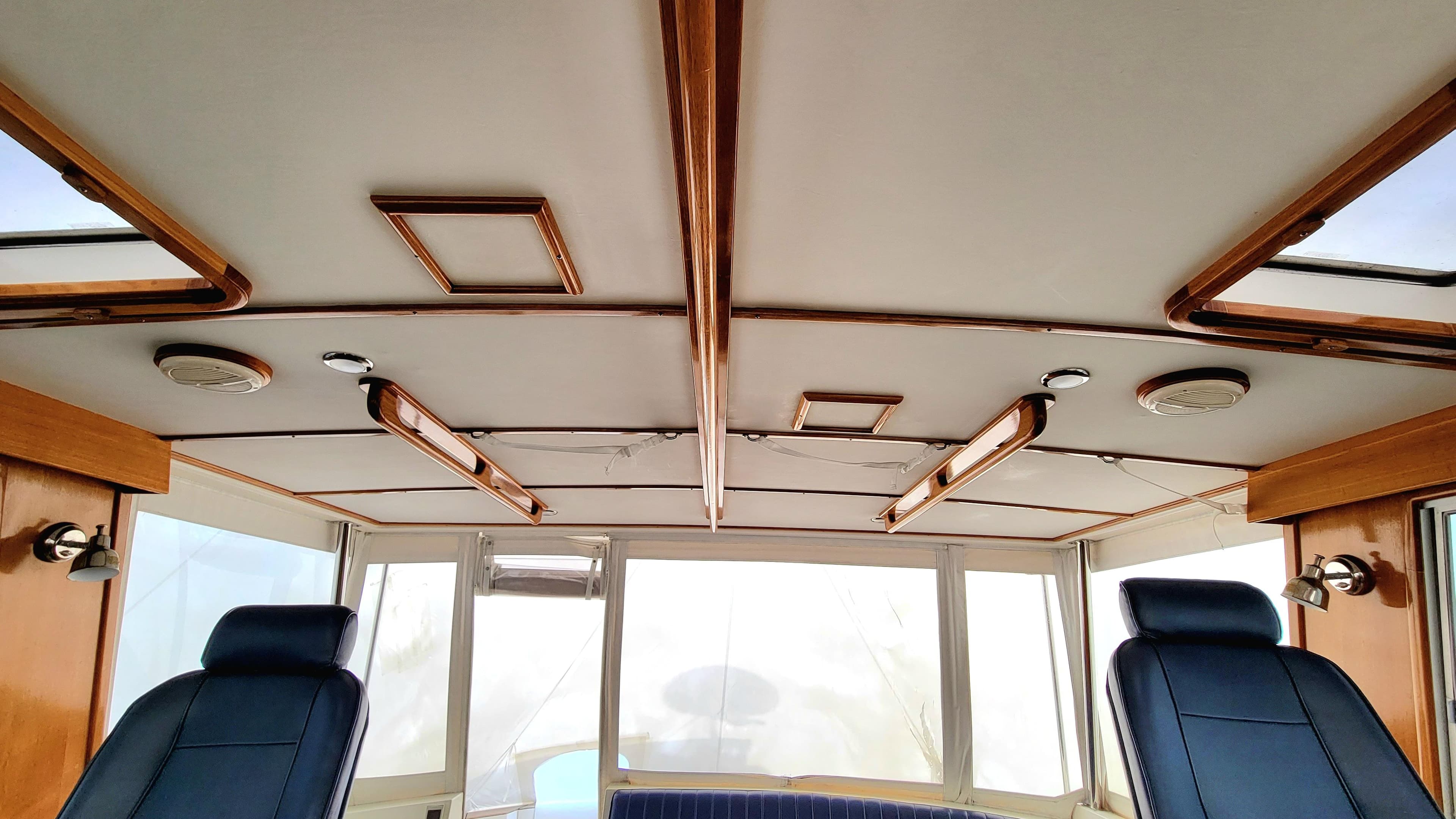Interior of 2004 Grand Banks 49 Eastbay HX with wood accents.