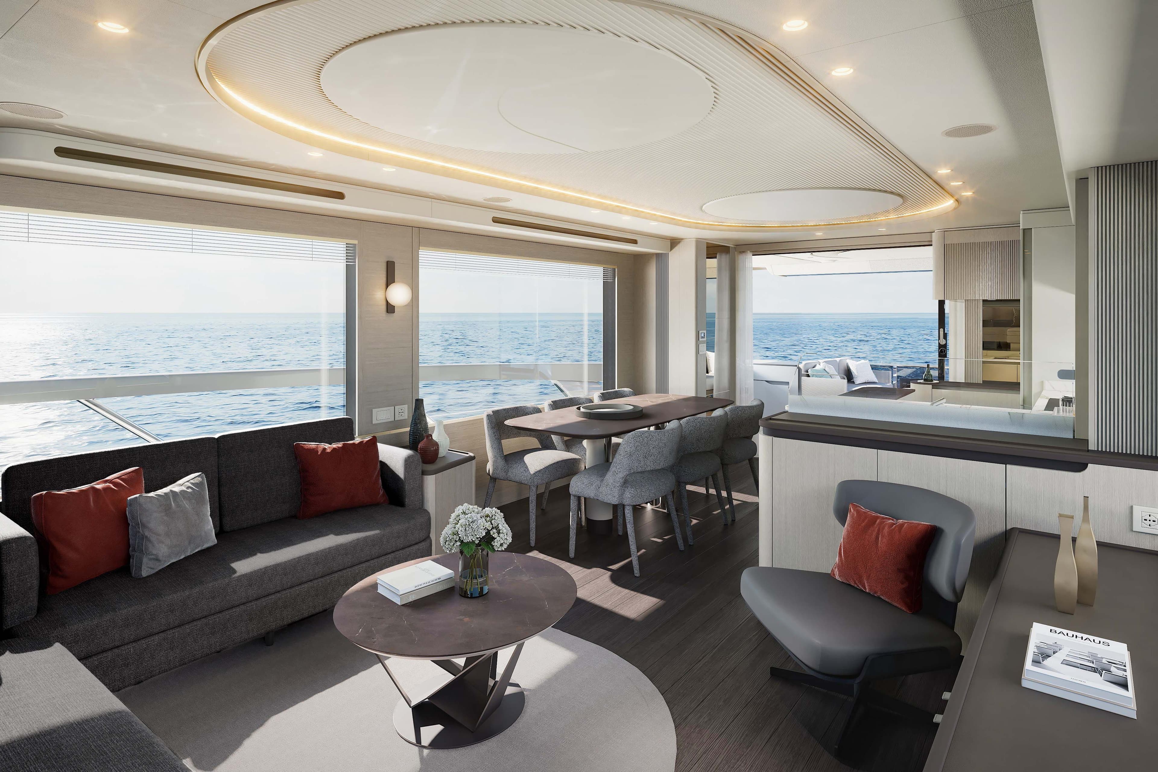 Luxurious interior of 2026 Absolute Navetta 66 yacht with ocean view and modern furnishings.