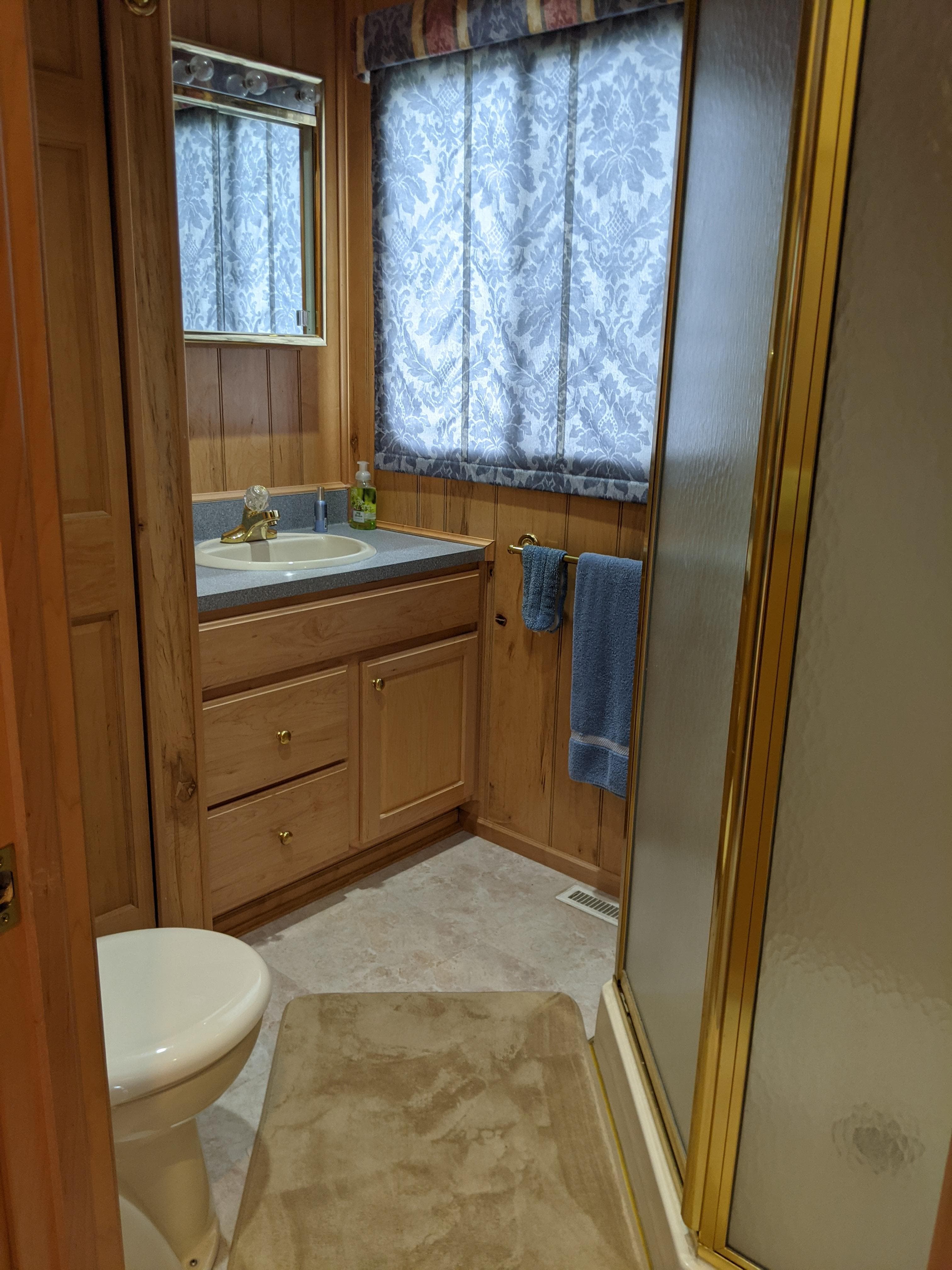 1999 Sumerset 16x78 houseboat bathroom with wood paneling, shower, and vanity.