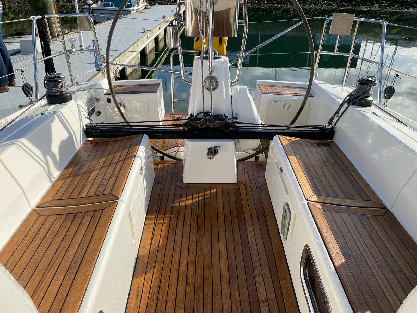 Cockpit of a 2009 X-Yachts X-34 with wooden flooring.