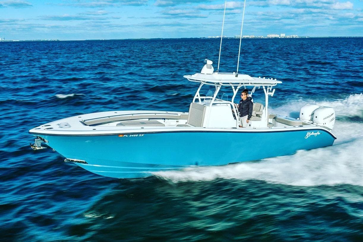 2025 Yellowfin 32 boat cruising on open water.