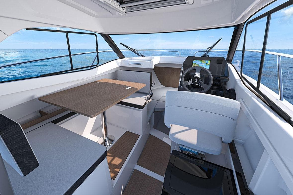 Interior of 2026 Beneteau Antares 7 yacht with modern cockpit design.