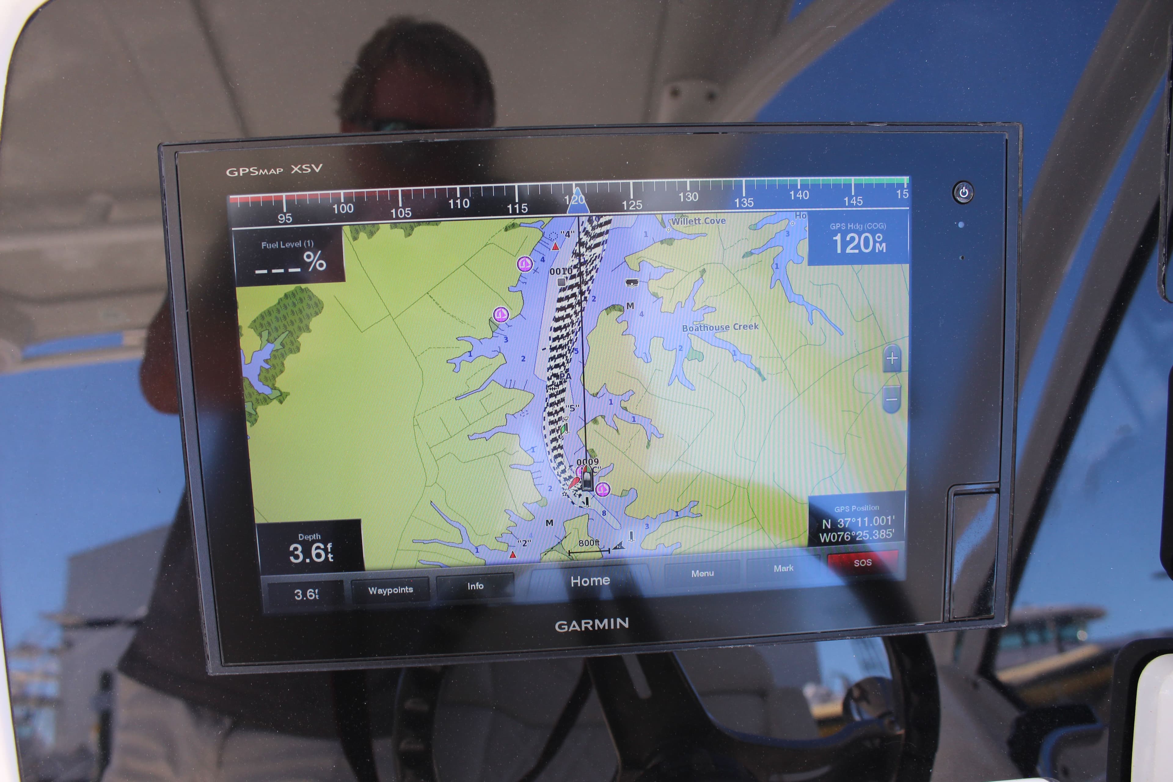 Garmin GPS display on 2020 Edgewater 248CX Crossover boat, showing navigation map.