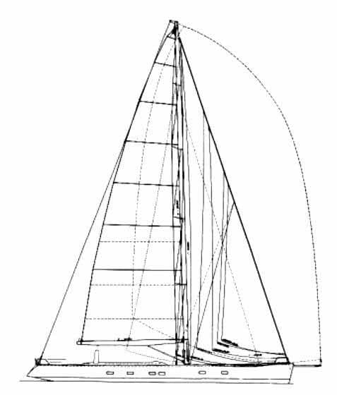 Line drawing of a 1998 Pendennis Wally 106 sailboat, showcasing its sleek design and sails.