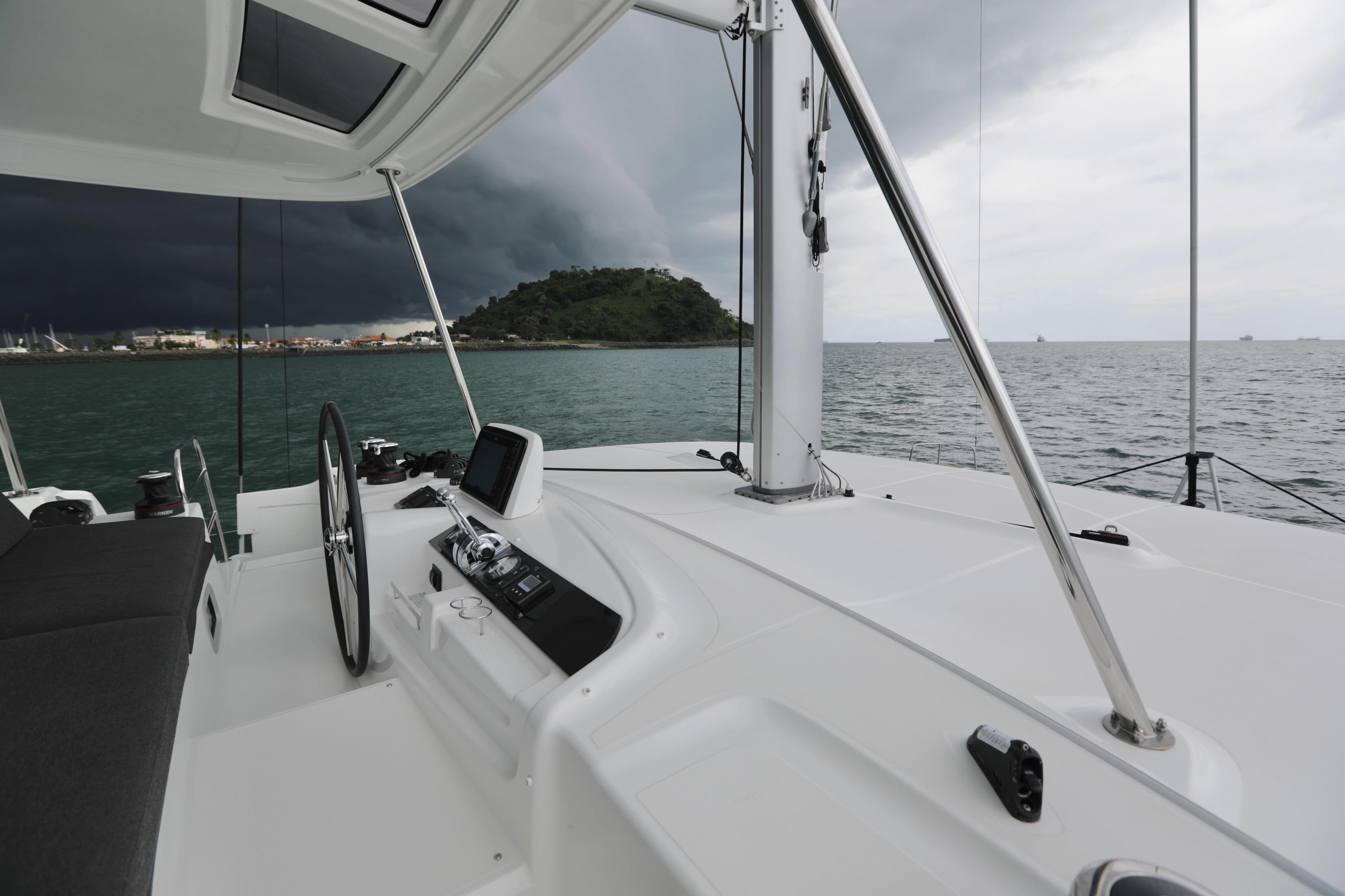 Lagoon 46 catamaran 2021 sailing in stormy weather.