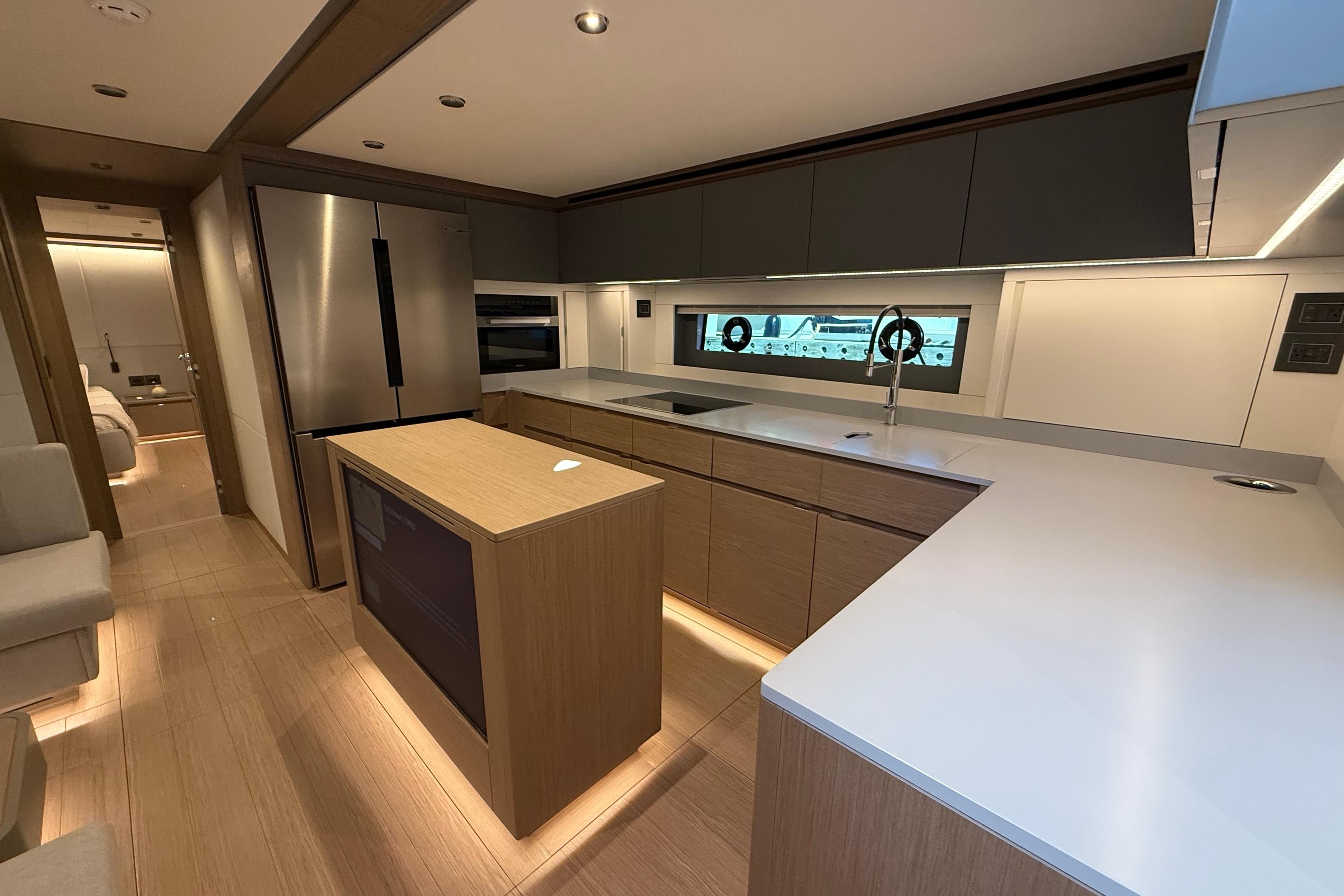 Luxurious kitchen interior of 2026 Pardo Yachts GT75 with modern appliances and sleek design.