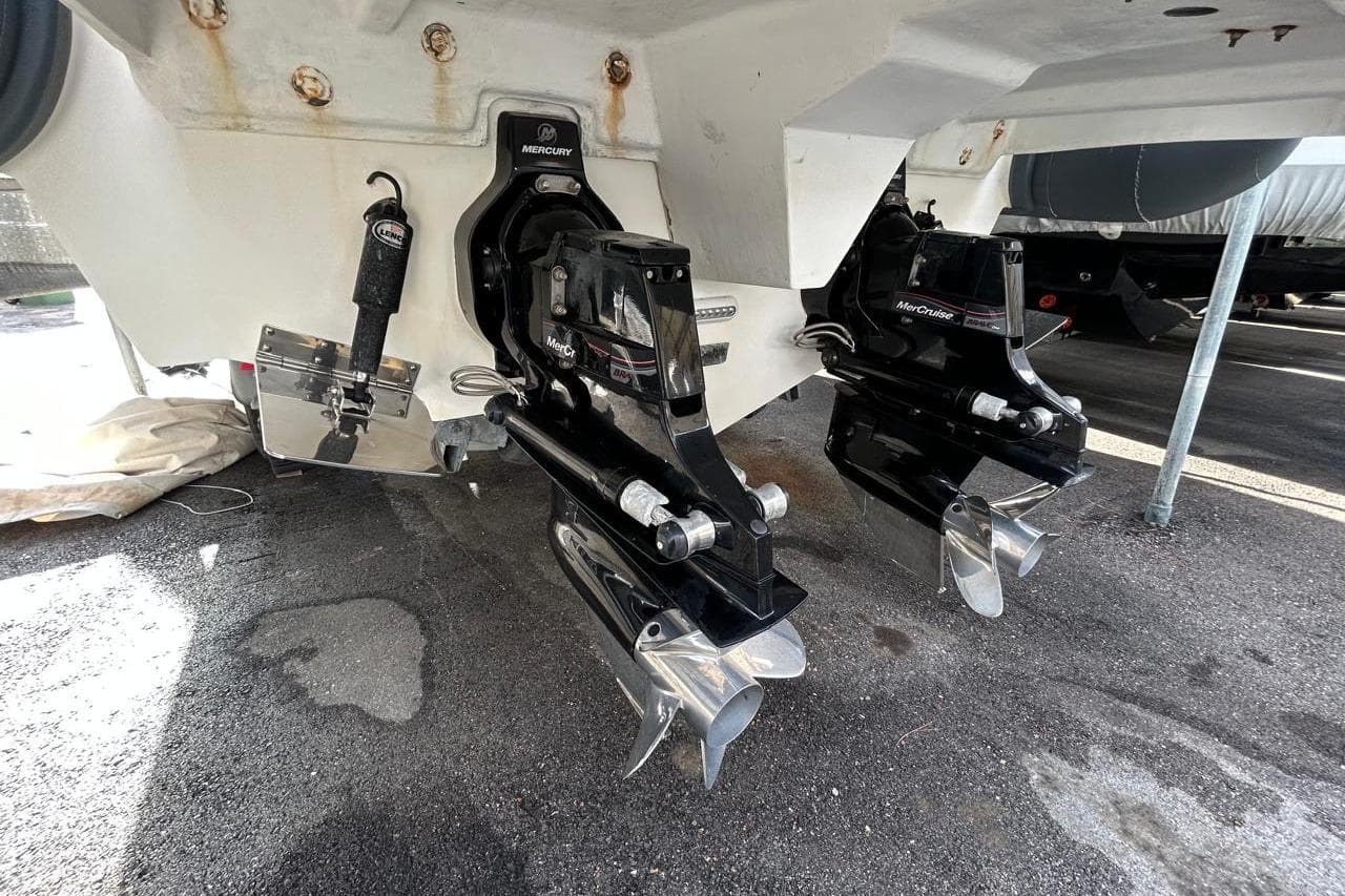 Stern view of 2019 Seafighter 36 with dual Mercury outdrives on a trailer.