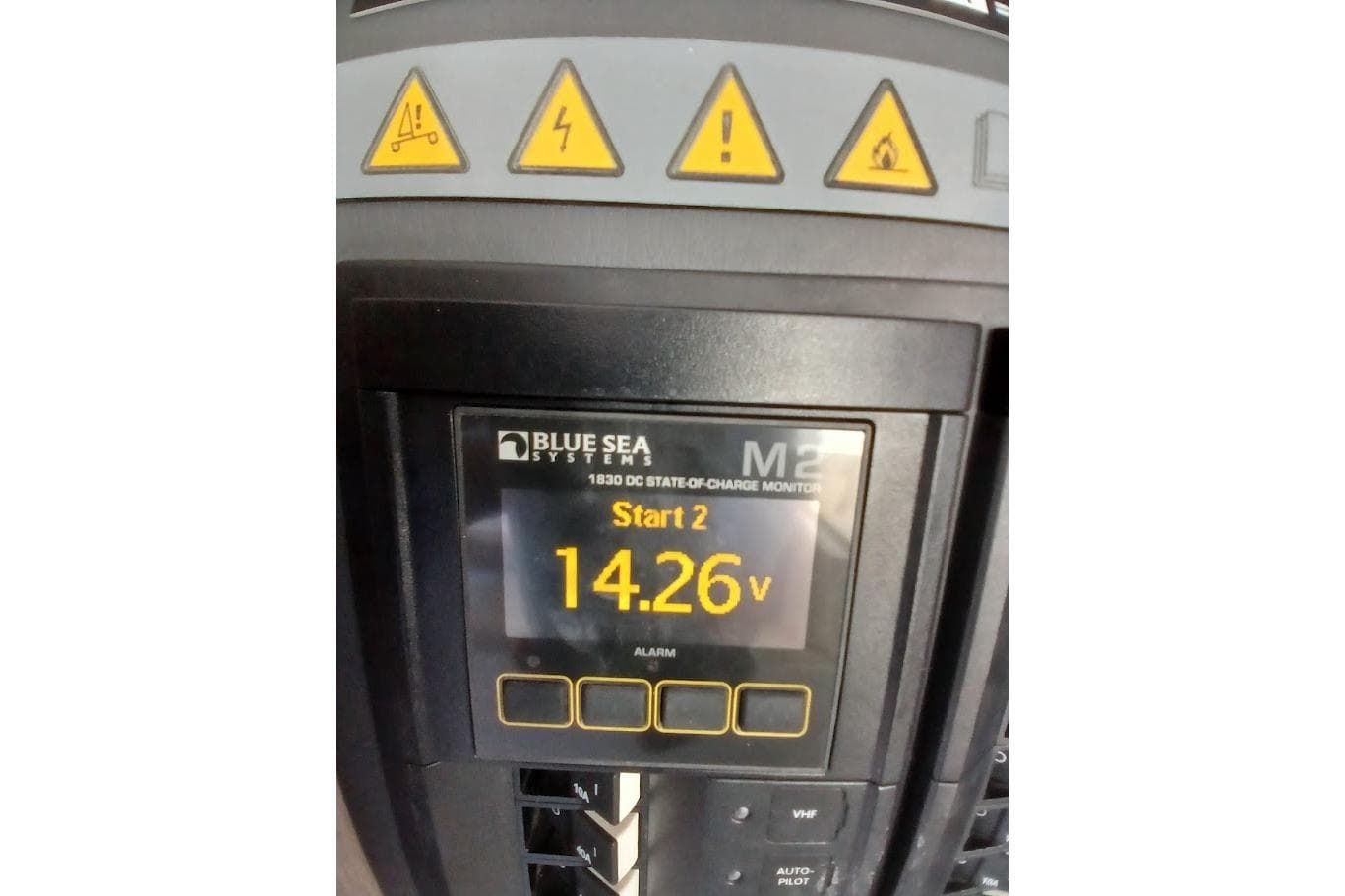 Blue Sea Systems M2 monitor displaying 14.26 volts on Leopard 45, 2018 model.