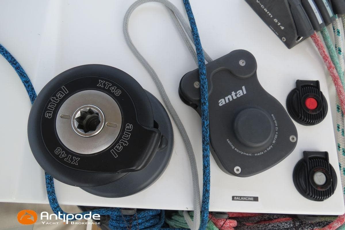 Sailing equipment on NEEL 43 yacht, featuring Antal XT48 winch and ropes, 2022 model.