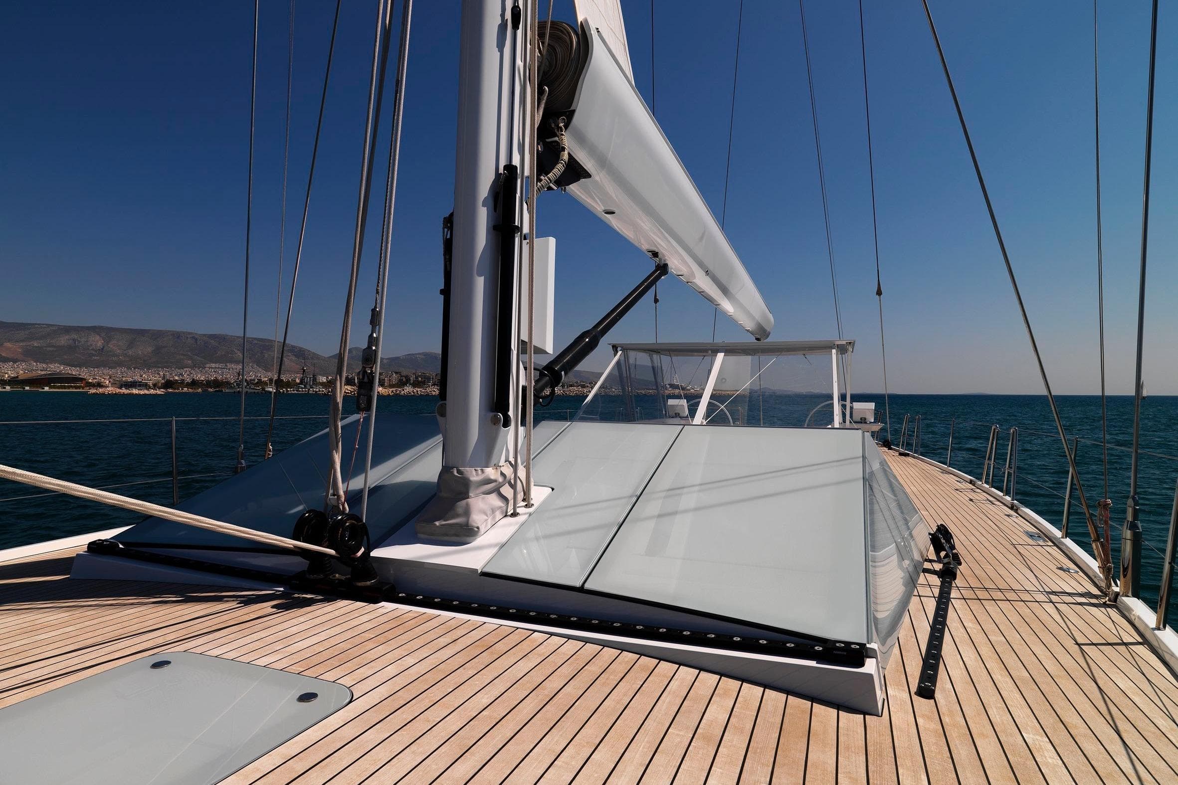 Luxurious 2008 Nautor Swan 82 yacht deck with sleek design and ocean view.