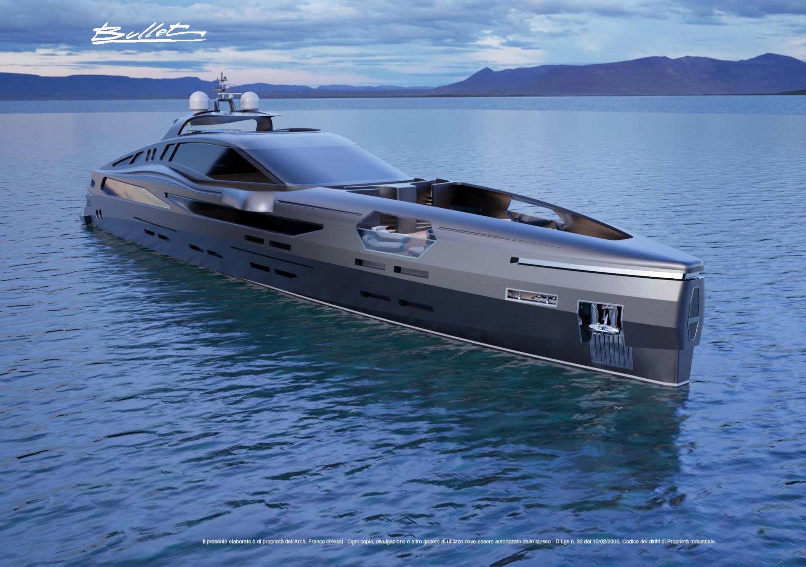 Luxurious 2025 Franco Gnessi DYD YH BULLET yacht on serene water with mountainous backdrop.