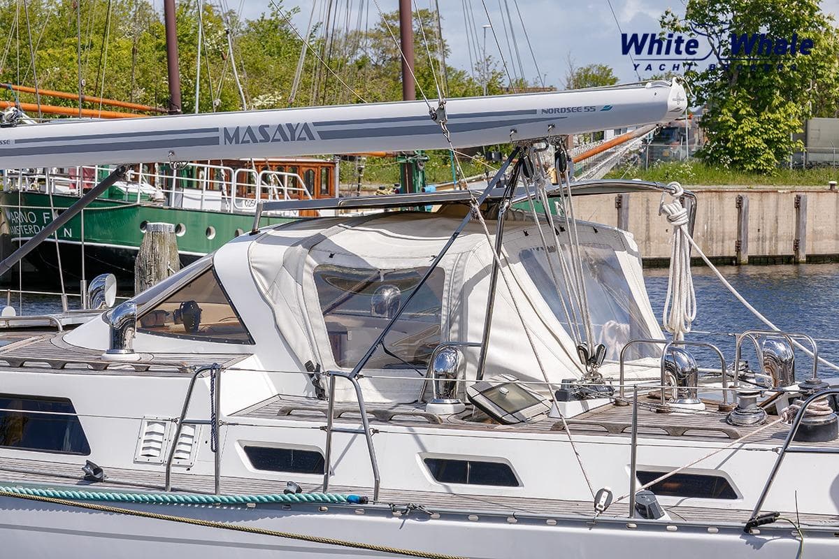 Sailing yacht Dubbel & Jesse Nordsee 55, 1989 model, docked at a marina.