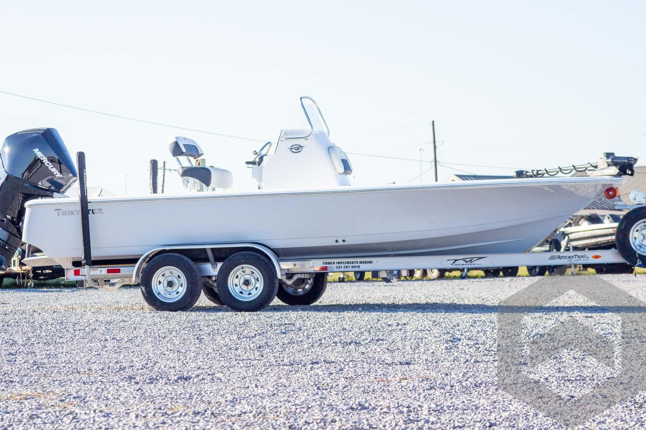 2026 Tidewater 2110 Bay Max boat on a trailer, side view.