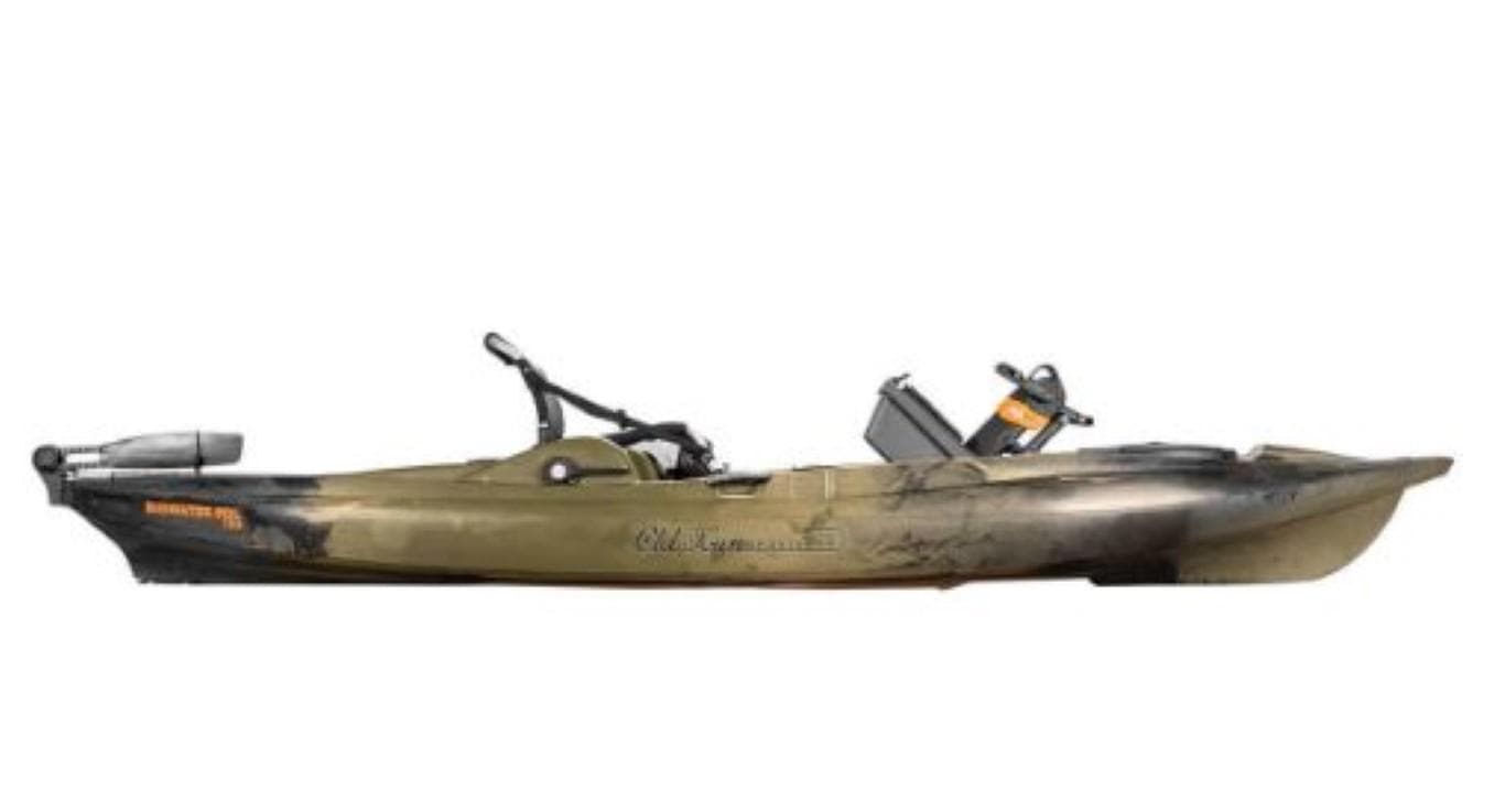 2023 Old Town Sportsman Bigwater PDL 132 kayak, side view, olive green color.