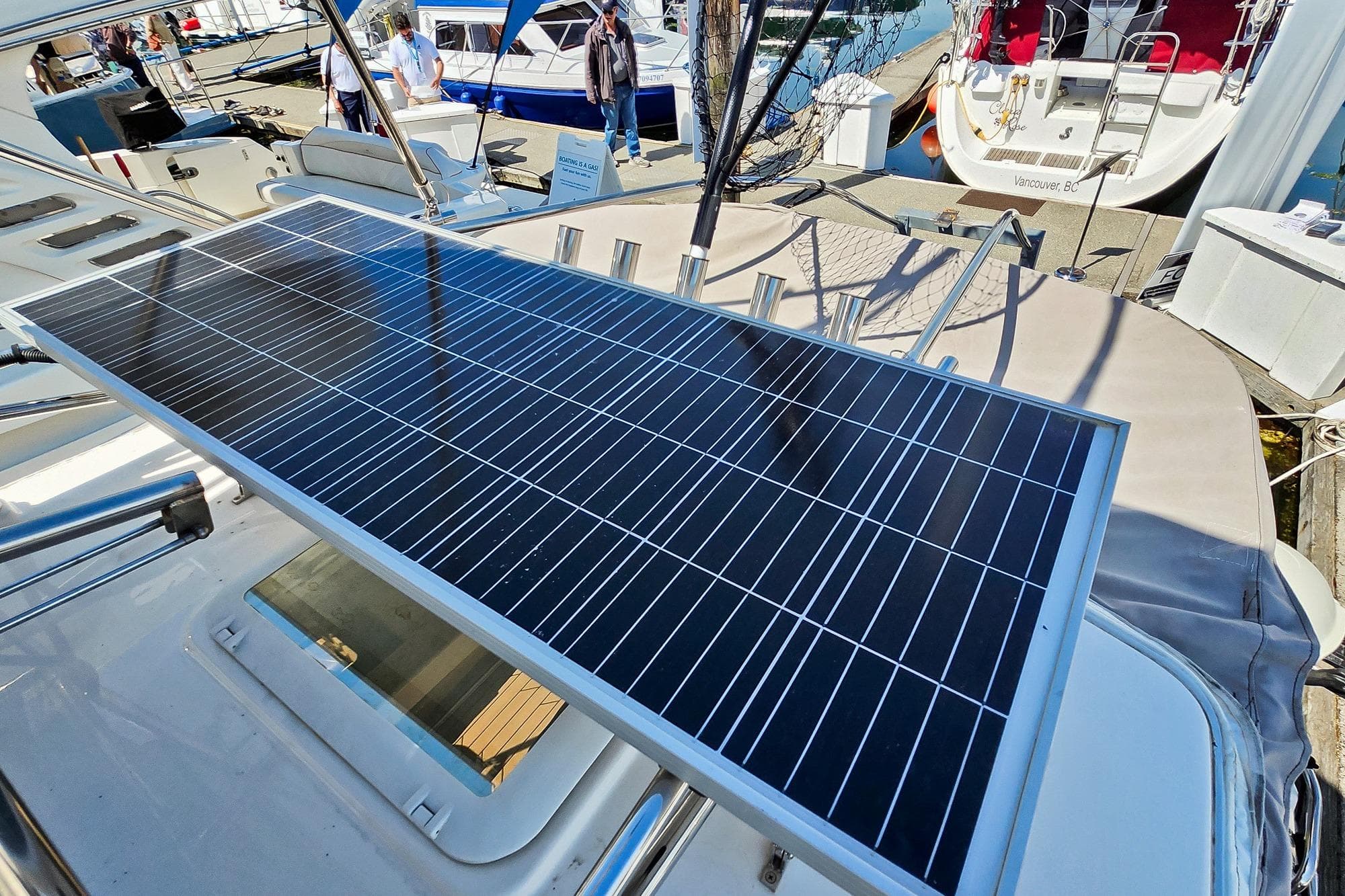 Solar panel on 2022 Cutwater C-32 CB boat at marina.