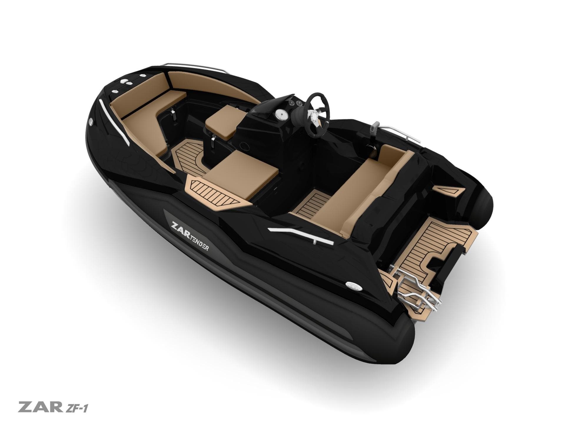 2025 Zar Formenti ZF-5 boat, sleek black design with beige seating, modern interior.