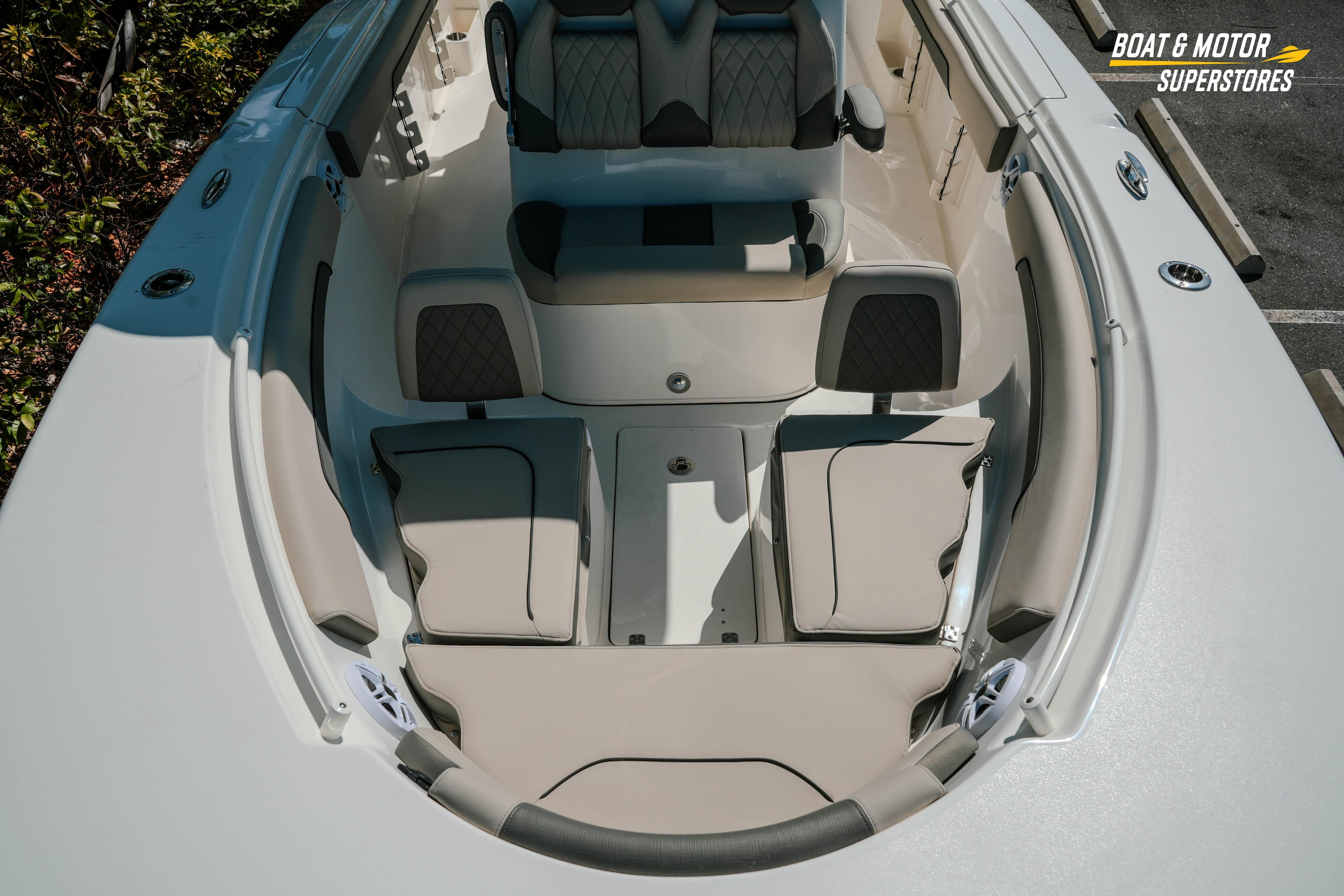2026 Key West 260 Center Console boat interior with cushioned seating and storage compartments.
