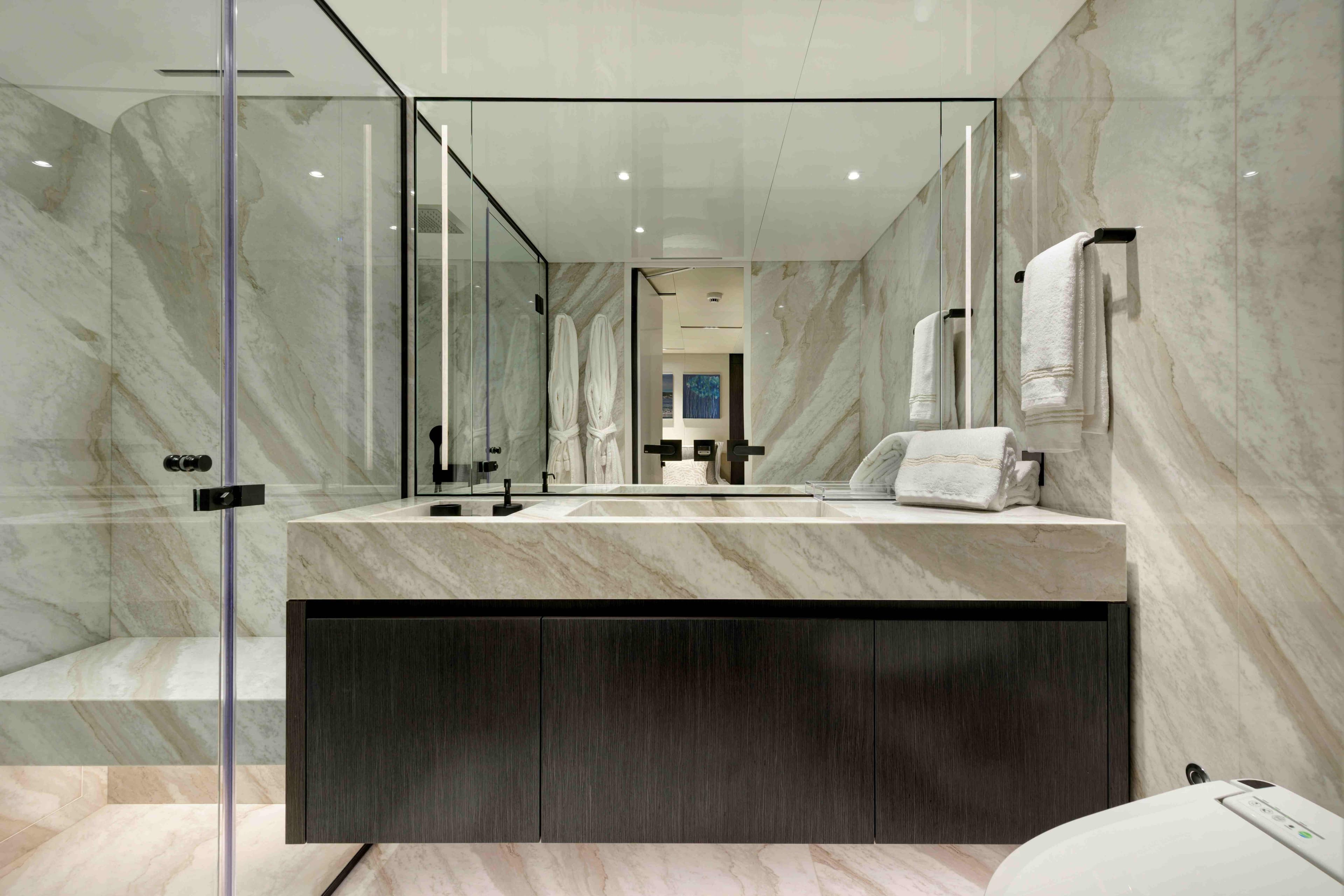 Luxurious marble bathroom in Ada Yacht 50 Z - 2025, featuring modern fixtures and elegant design.