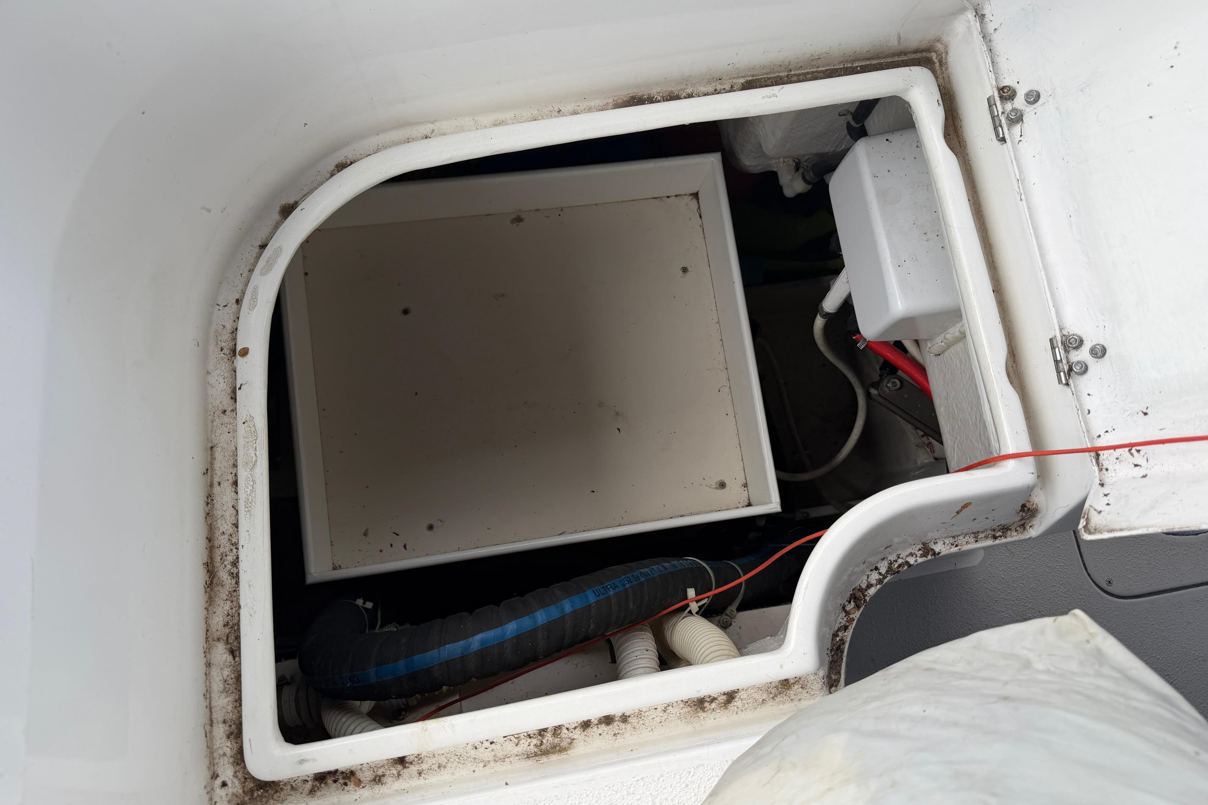 Storage compartment in 2004 Catalina 350 sailboat.