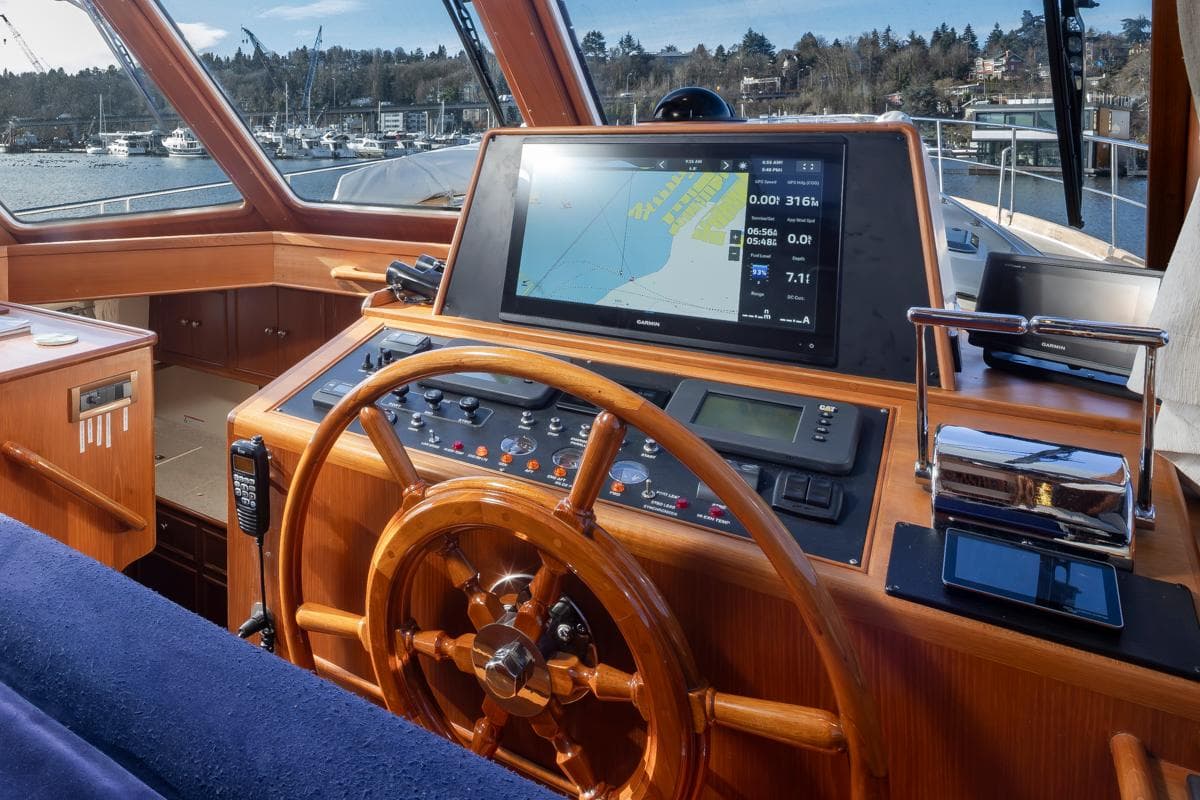 Helm of Grand Banks 54 Eastbay SX yacht, 2003 model.