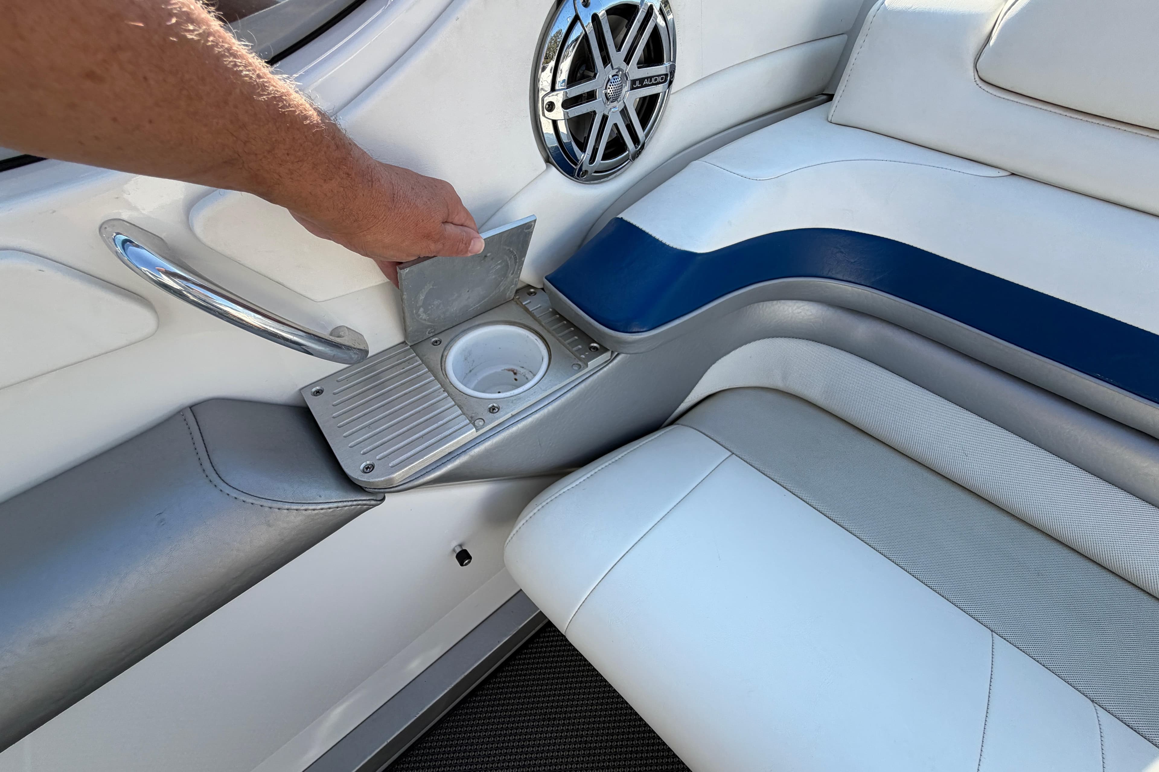 2019 Formula 353 FASTech boat interior with cup holder and speaker detail.