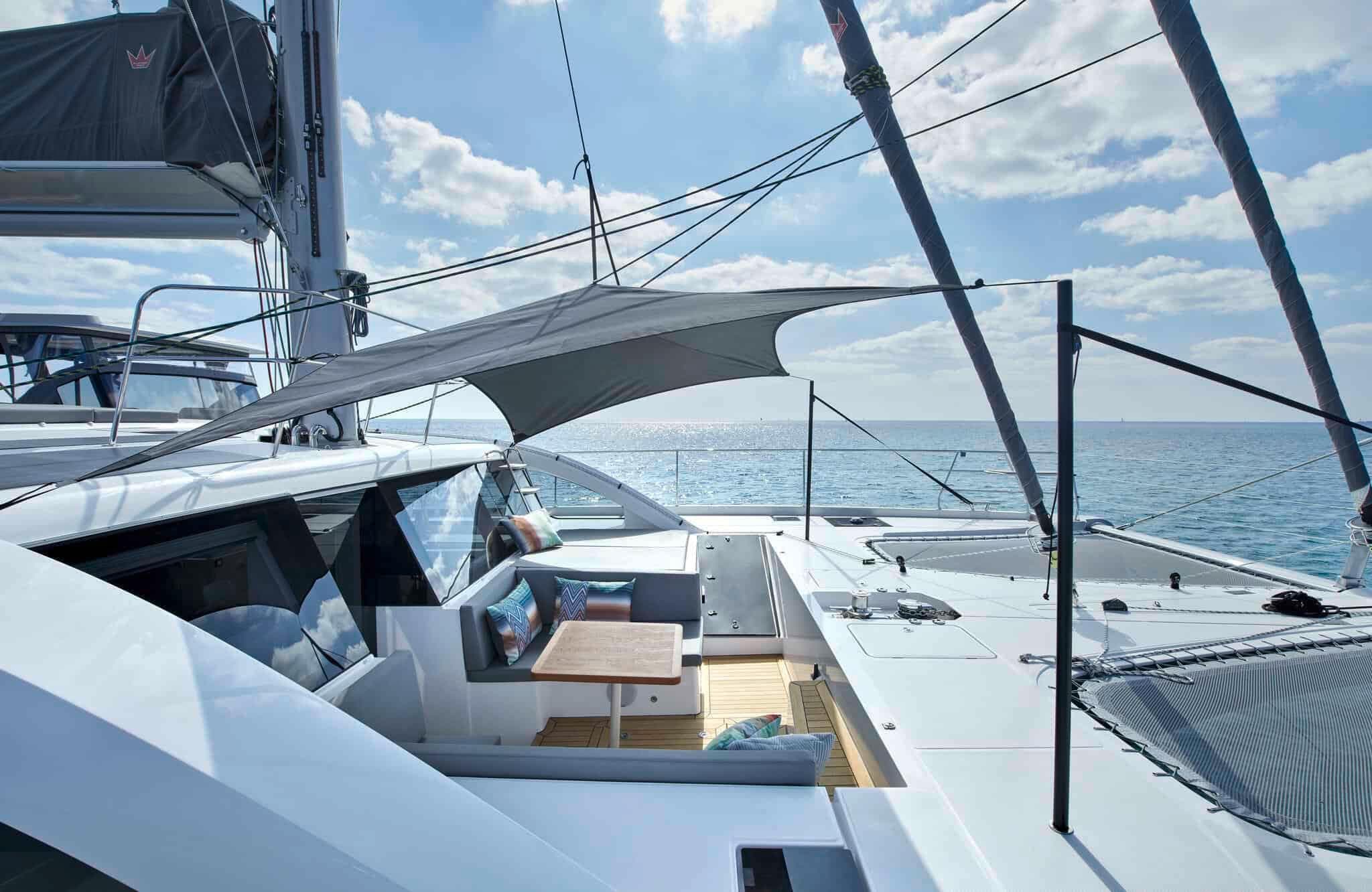 Luxury Privilege Signature 580 yacht, 2025 model, with elegant deck and ocean view.
