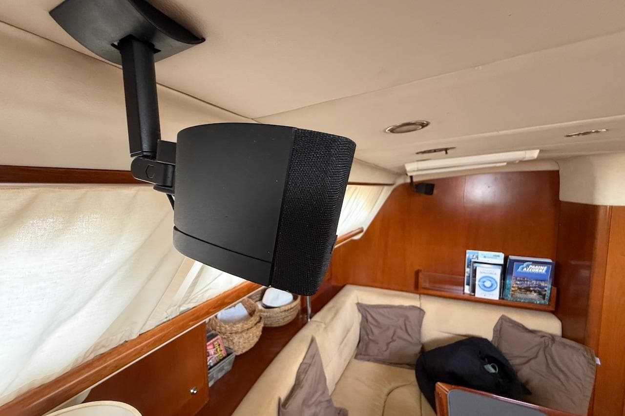 Speaker mounted in the cabin of a 2002 Moody 47 yacht interior.