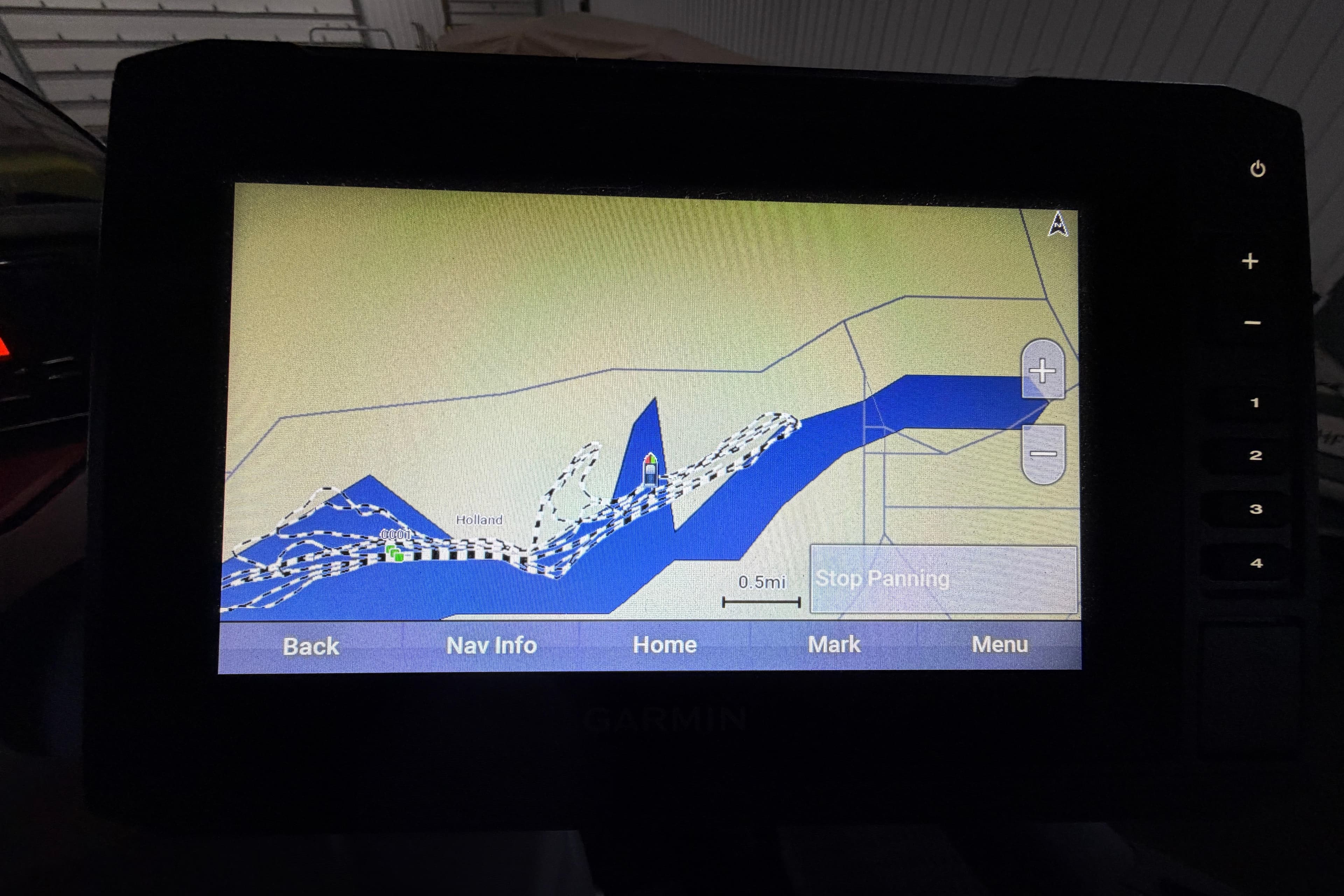 Navigation screen on a 2022 Sea-Doo Switch Cruise 21, displaying a detailed waterway map.