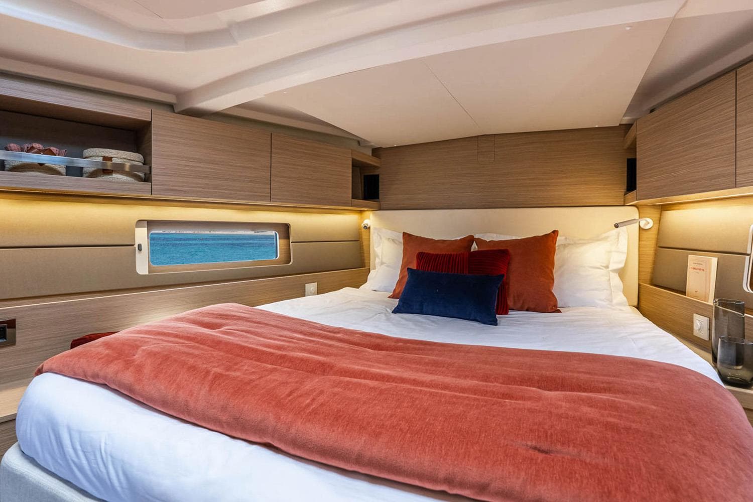 Manufacturer Provided Image: Luxurious cabin interior of 2026 Beneteau Oceanis 47 yacht with cozy bedding.