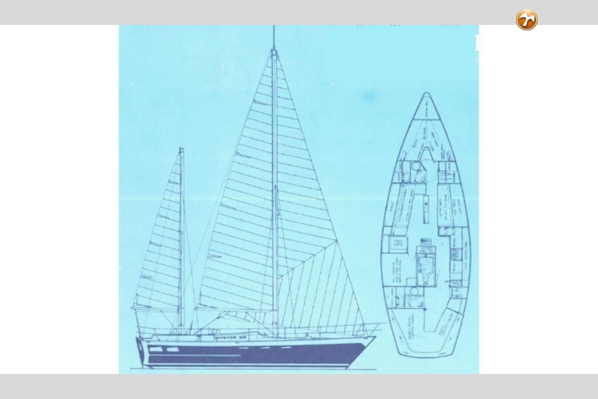 Blueprint of a 1978 Oyster 39 sailboat, showcasing side and top views.