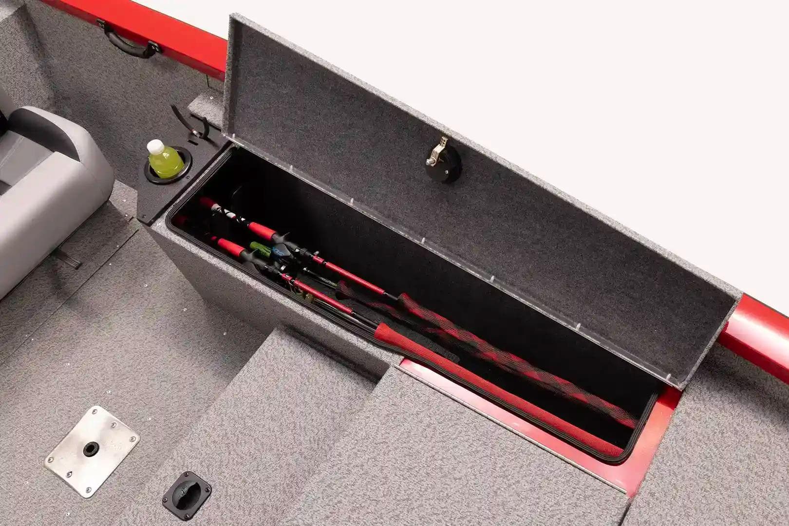Manufacturer Provided Image: 2026 G3 Sportsman 1810 PFX boat with open storage compartment and fishing rods.