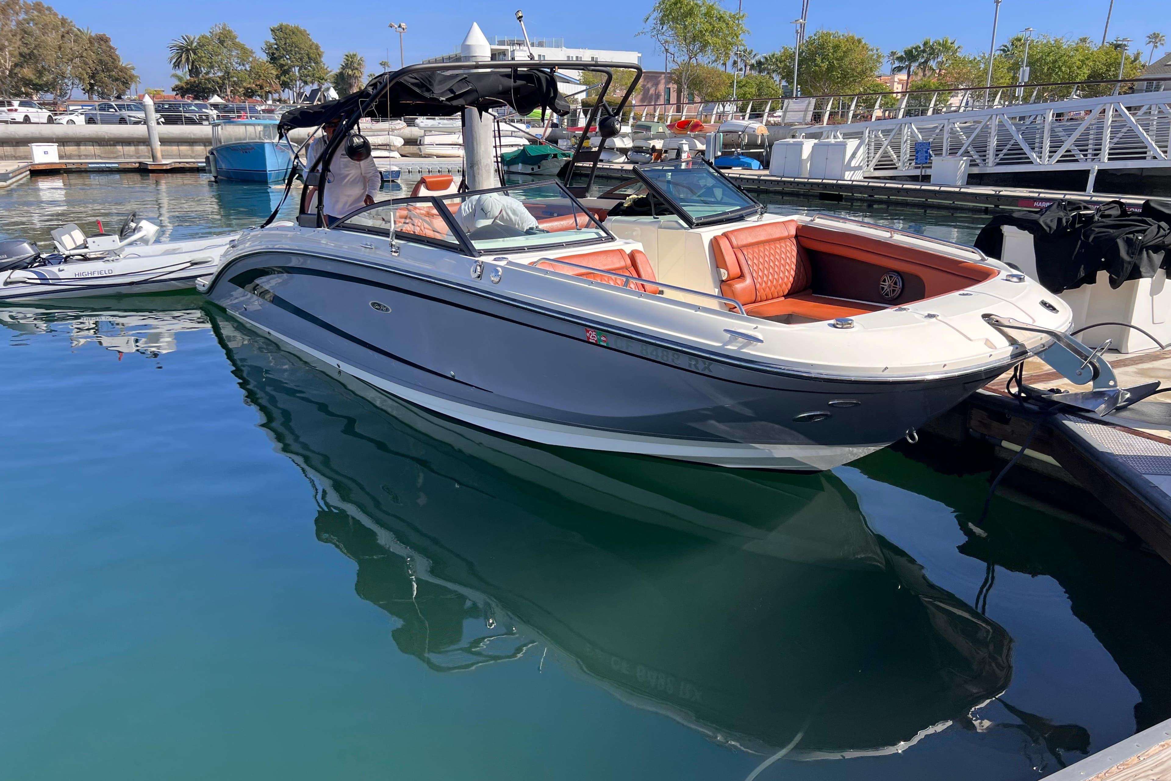 2017 Sea Ray SDX 290 boat docked in a marina with clear blue water.