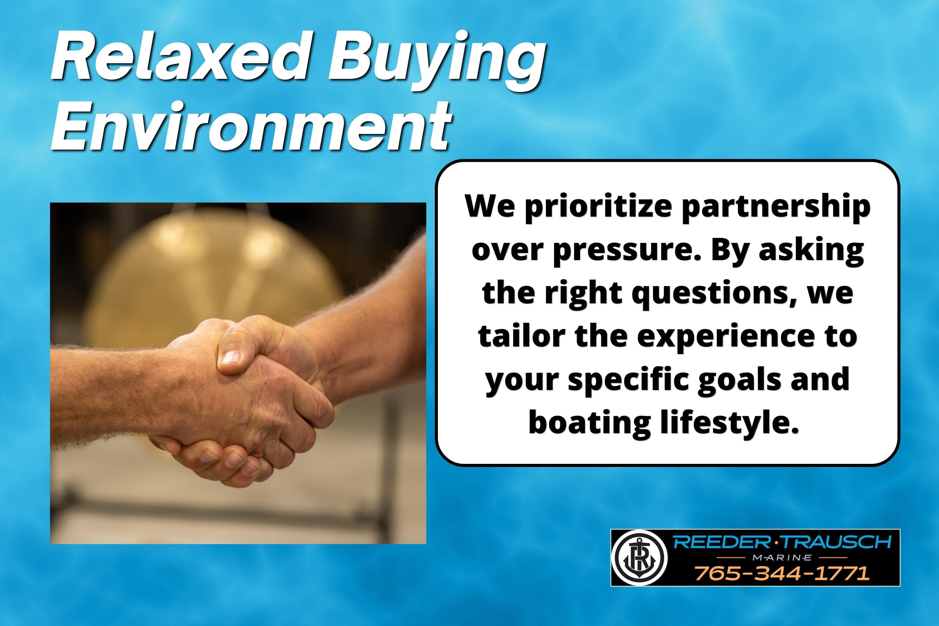 Handshake with text promoting a relaxed buying environment at Reeder Trausch Marine.