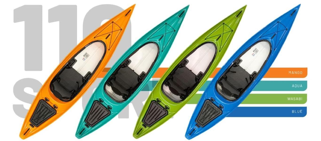 Hurricane Kayaks Prima 110 Sport 2023 in orange, aqua, wasabi, and blue colors.