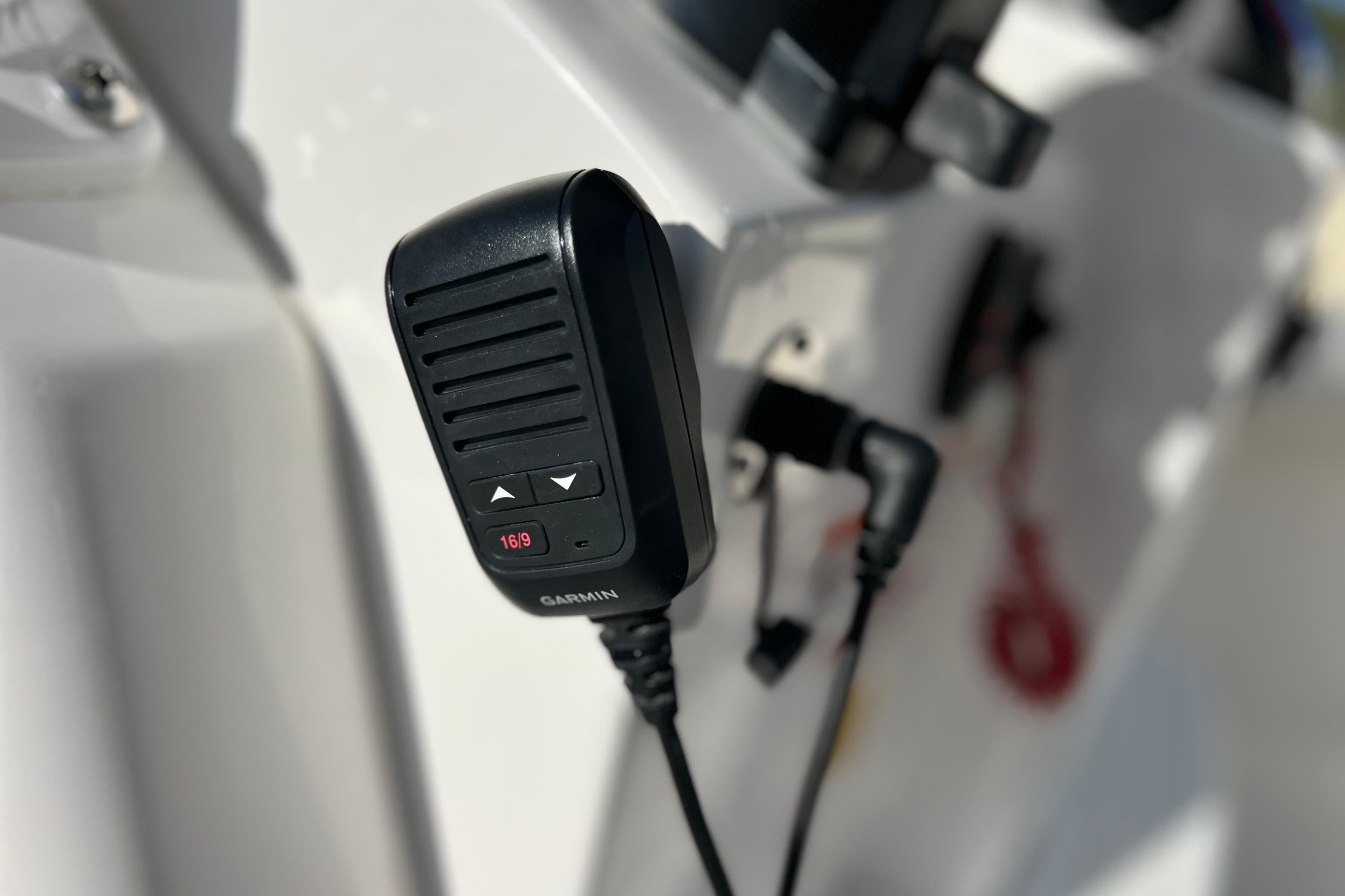 Close-up of a Garmin radio on a 2024 Everglades 243 Center Console boat.