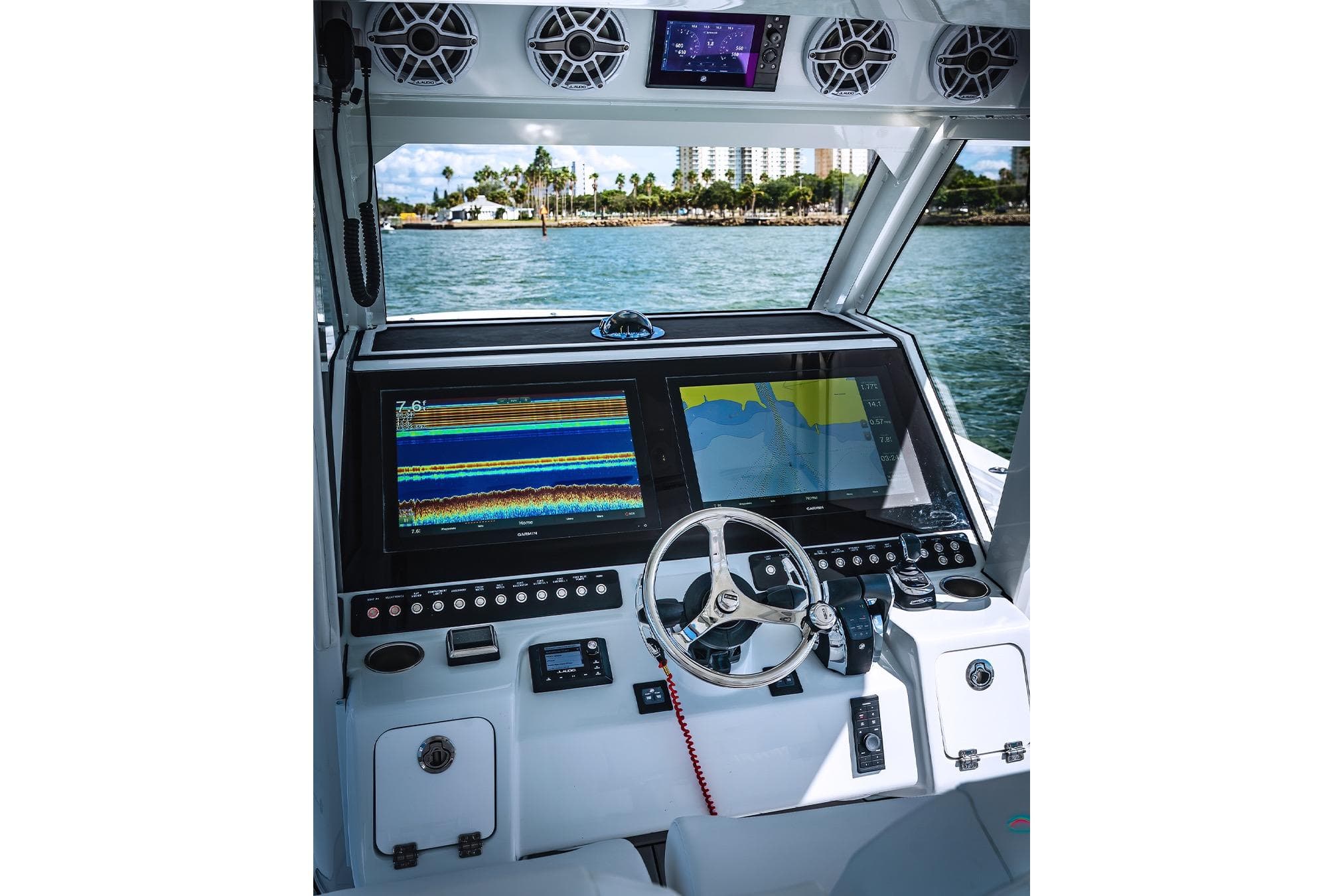 2026 Barker Boatworks 40HPC helm with advanced navigation displays and controls.