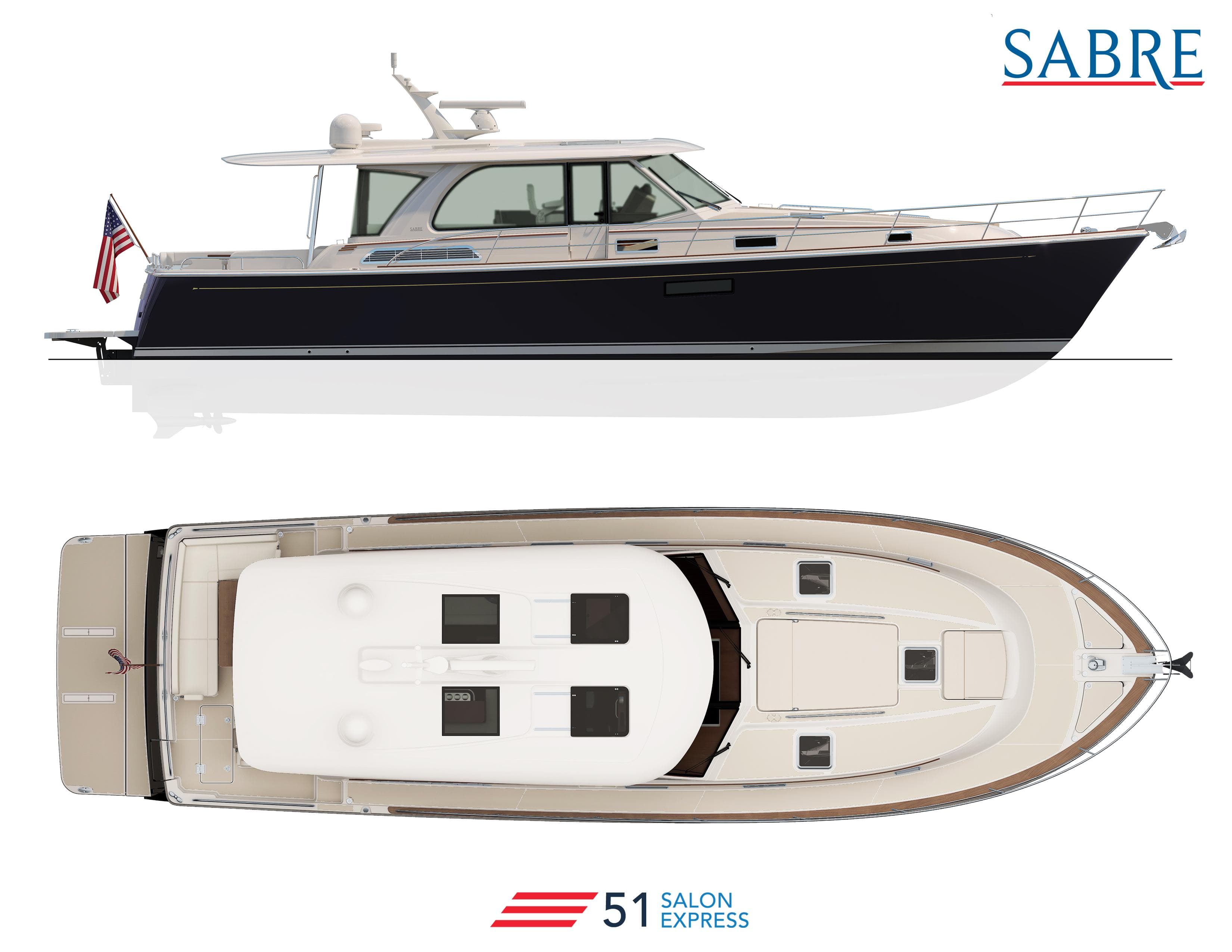 2025 Sabre 51 Salon Express luxury yacht, side and top view.