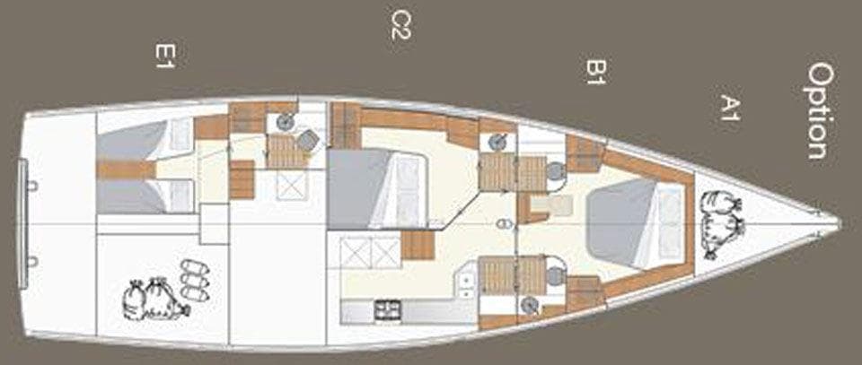 Floor plan of a 2025 Moody 54 DS yacht, showcasing cabin and layout options.