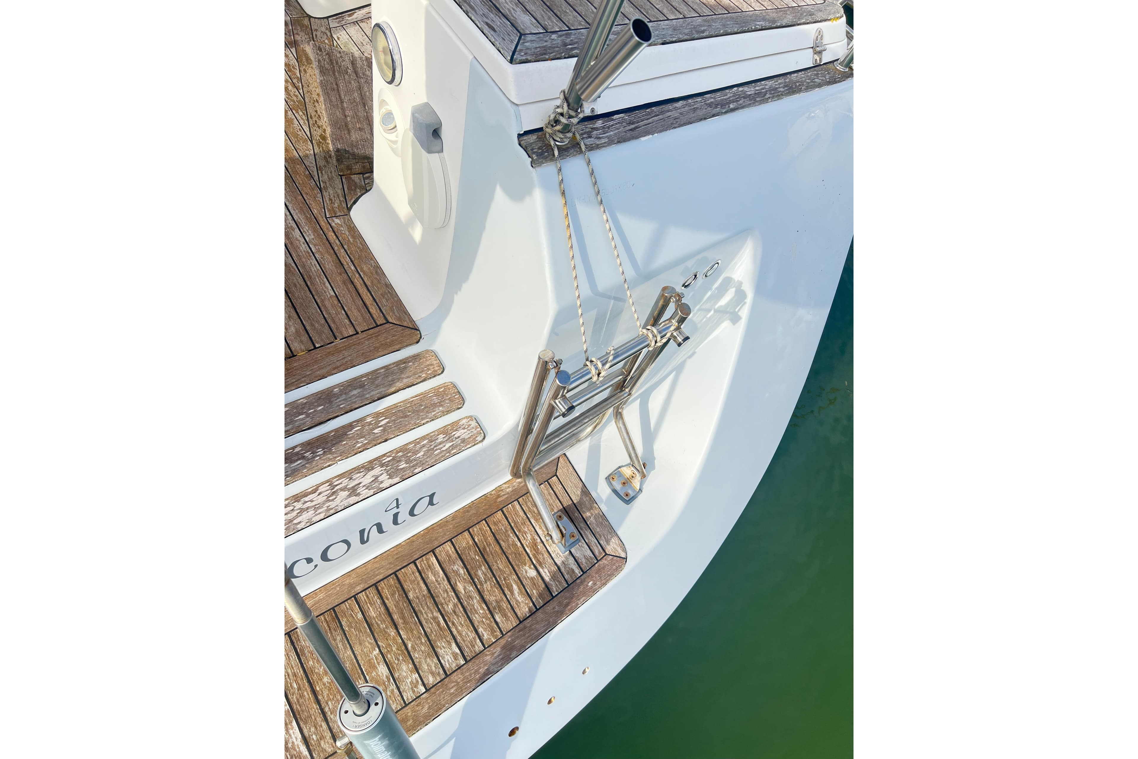 Luffe 45 yacht stern with teak decking and stainless steel fittings, 2009 model.