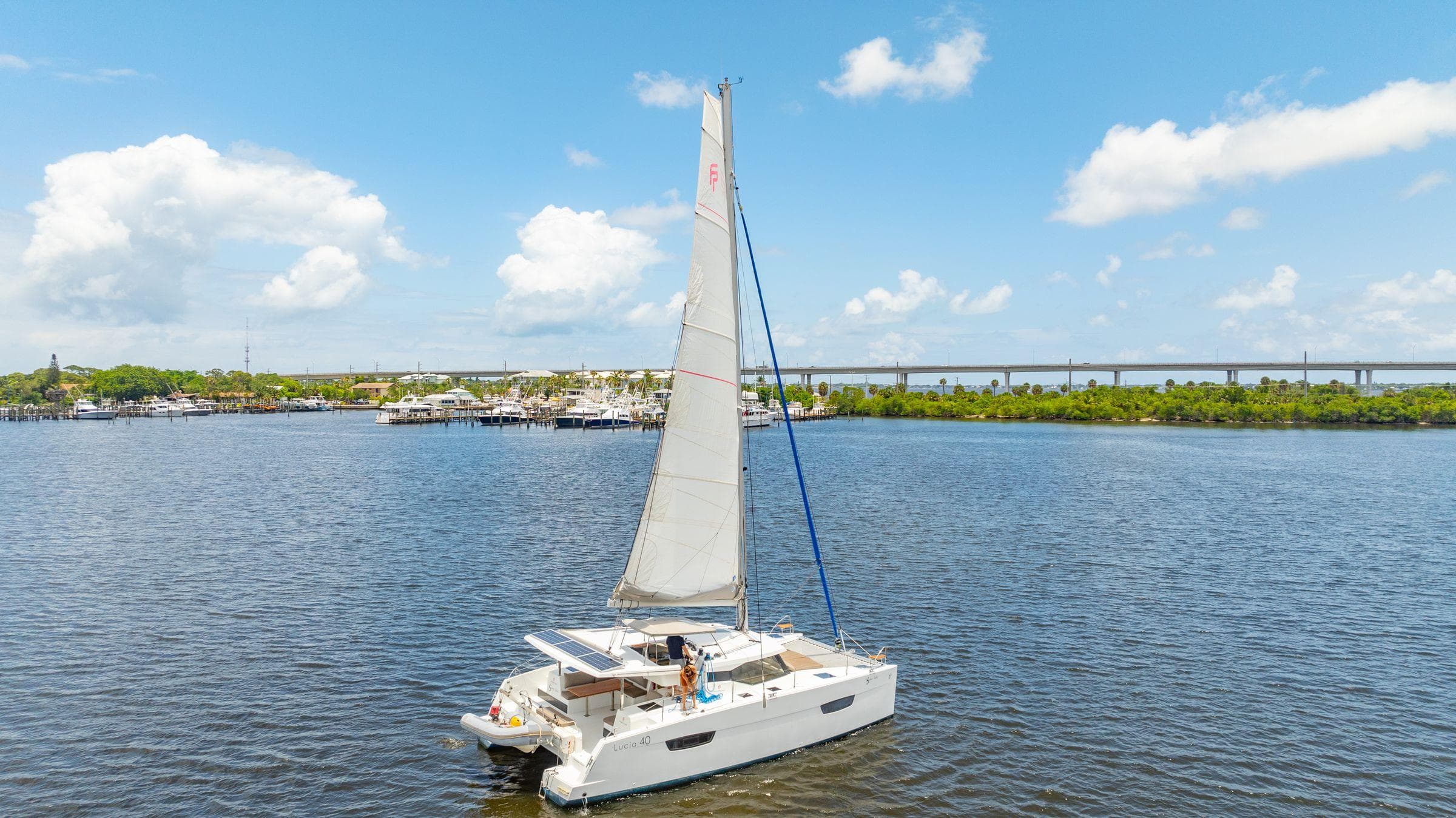 2018 Fountaine Pajot Lucia 40 catamaran sailing on a sunny day.