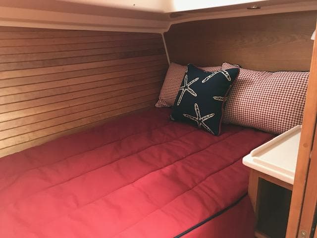 Cozy cabin bed in 2024 Back Cove 372 boat with red bedding and starfish pillow.