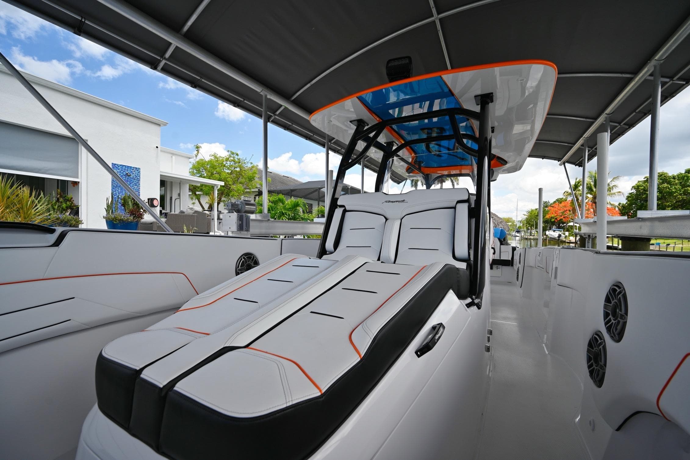 2027 Renegade 38' Open boat interior with sleek seating and modern design.