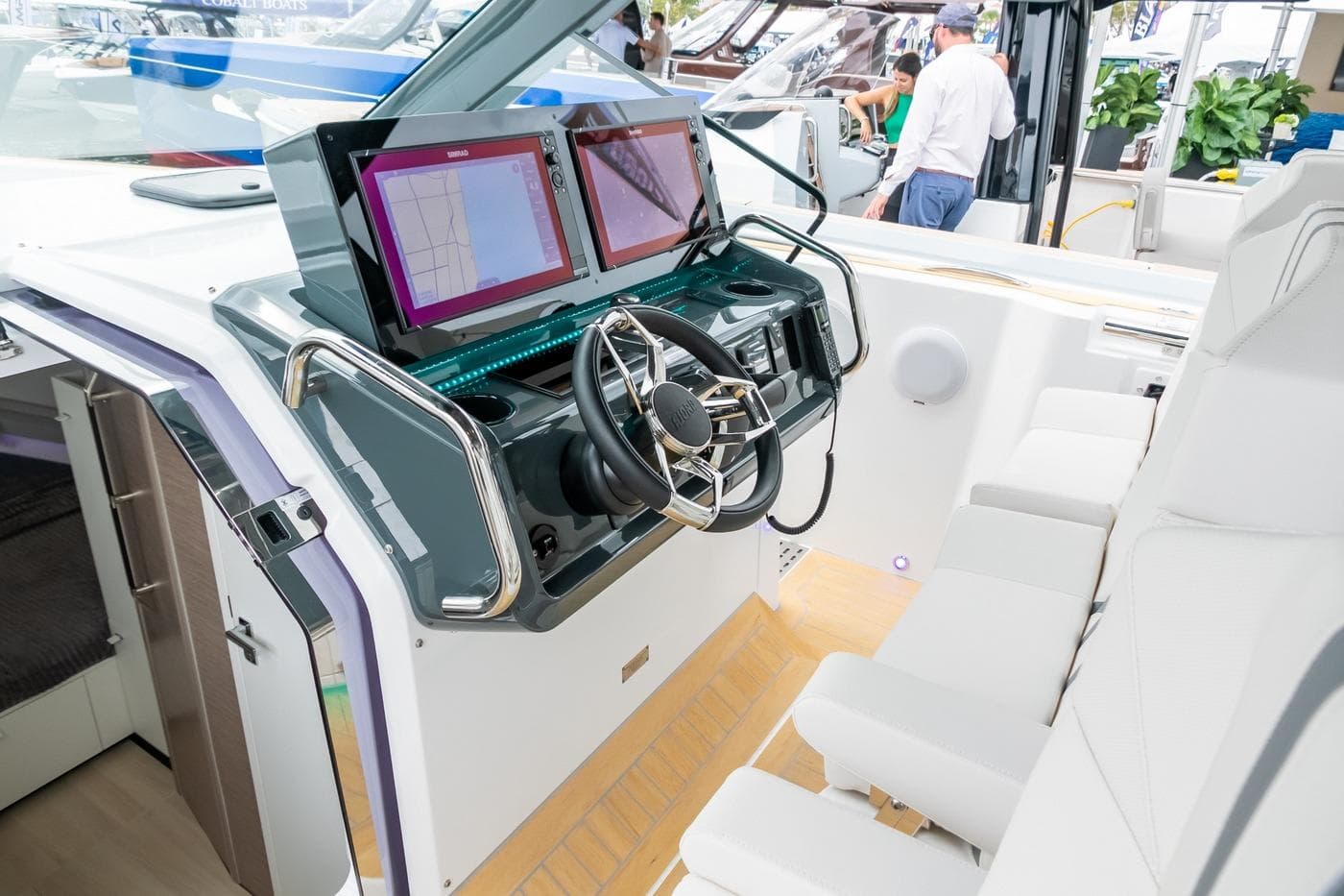2024 Fjord 39 XP yacht cockpit with modern navigation system and sleek design.