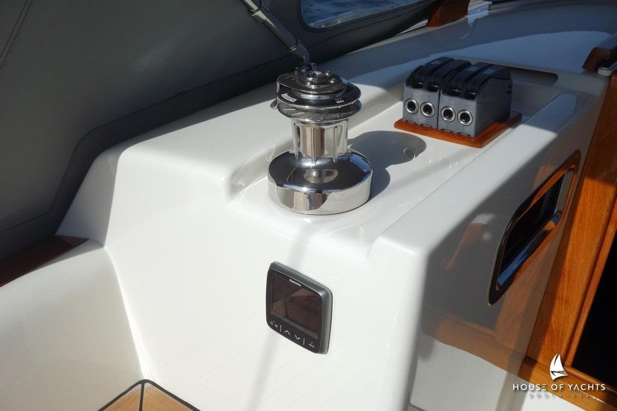 Yacht deck detail with winch and control panel, Von Ahlen 403, 2014 model.