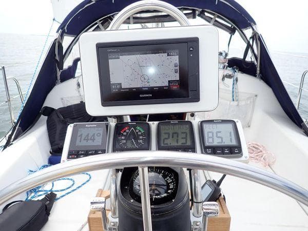 Cockpit of 1994 Catalina 270 LE sailboat with navigation instruments and compass.