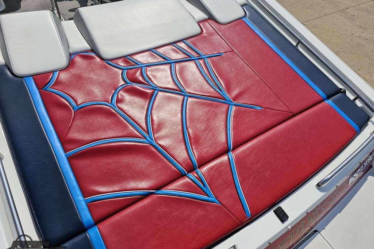 Red and blue leather upholstery on a 2007 Formula 353 FASTech boat.