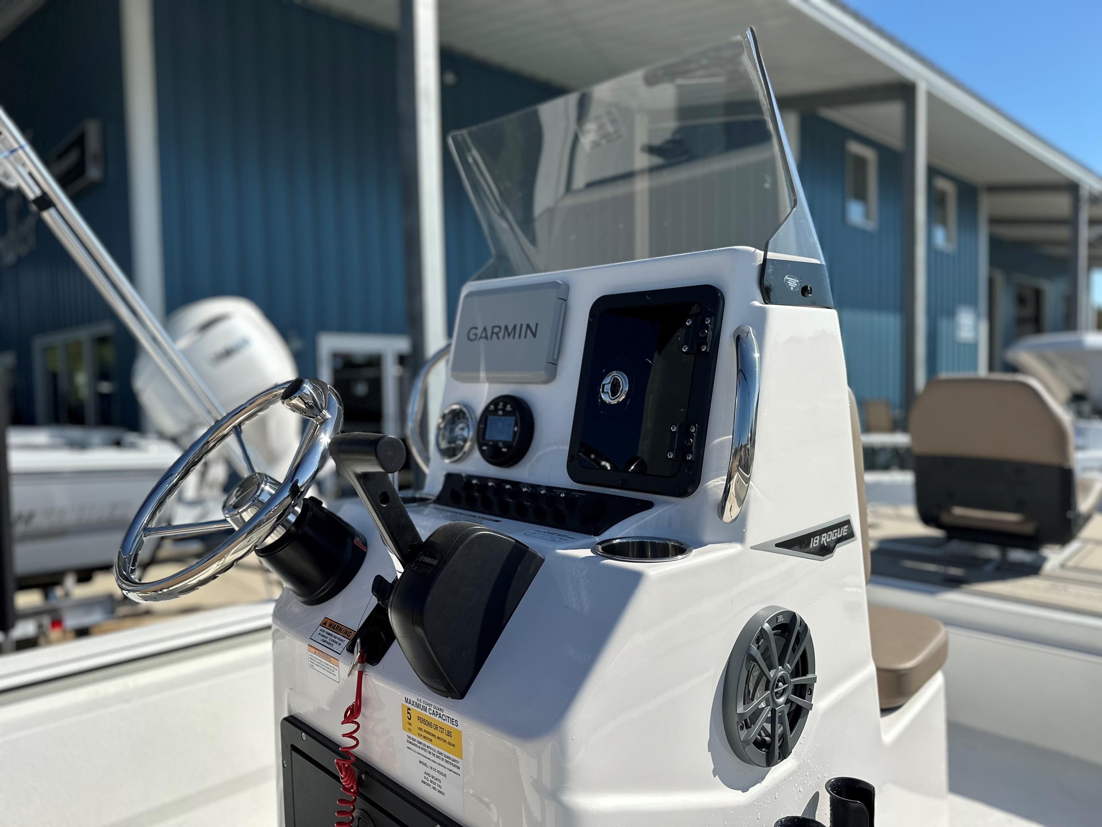 2025 Avid 18 Rogue boat console with Garmin navigation system.