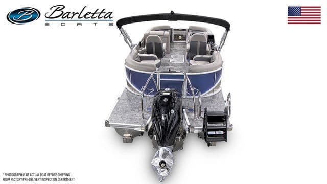 2024 Barletta Corsa 21QC pontoon boat, rear view, featuring sleek design and powerful engine.