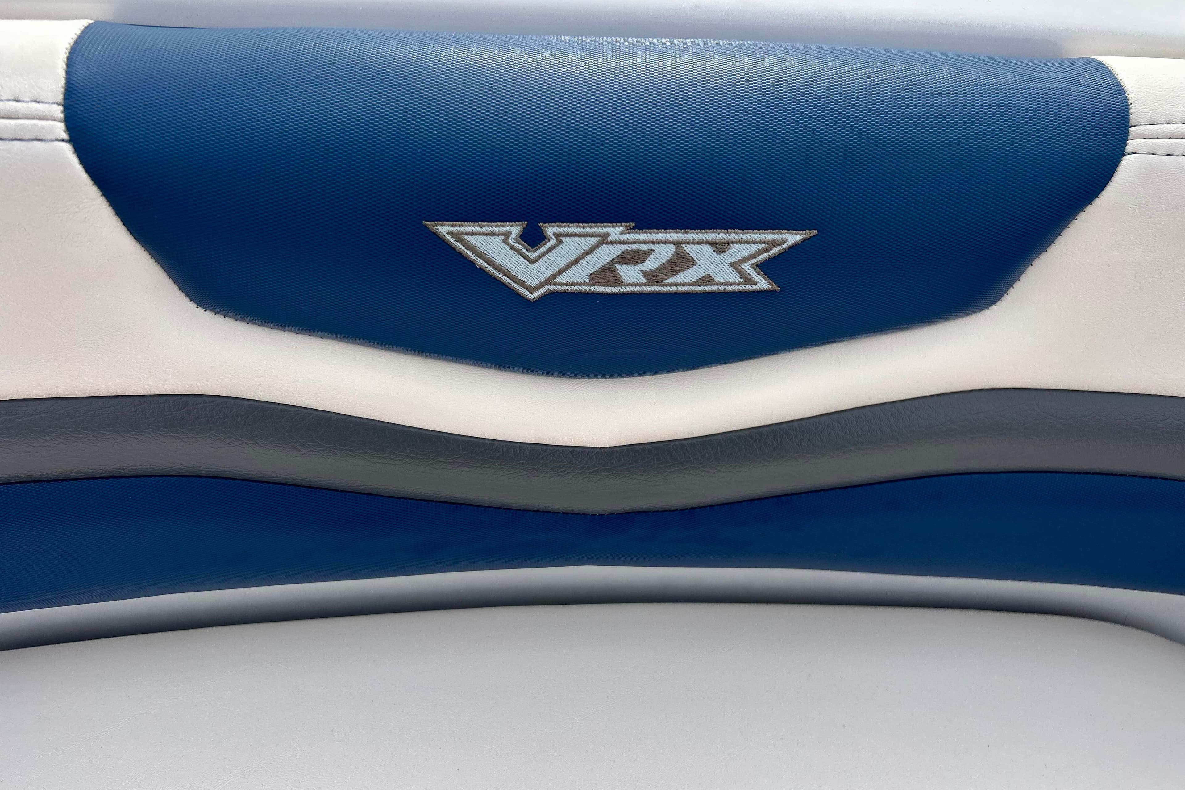 Blue and white Chaparral 203 Vortex 2017 boat seat with VRX logo.