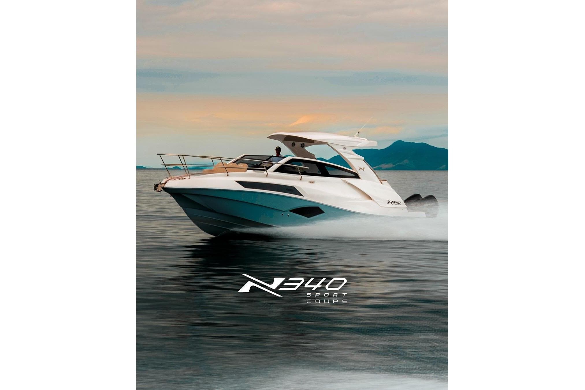 2026 NX Boats NX340 cruising on open water at sunset.